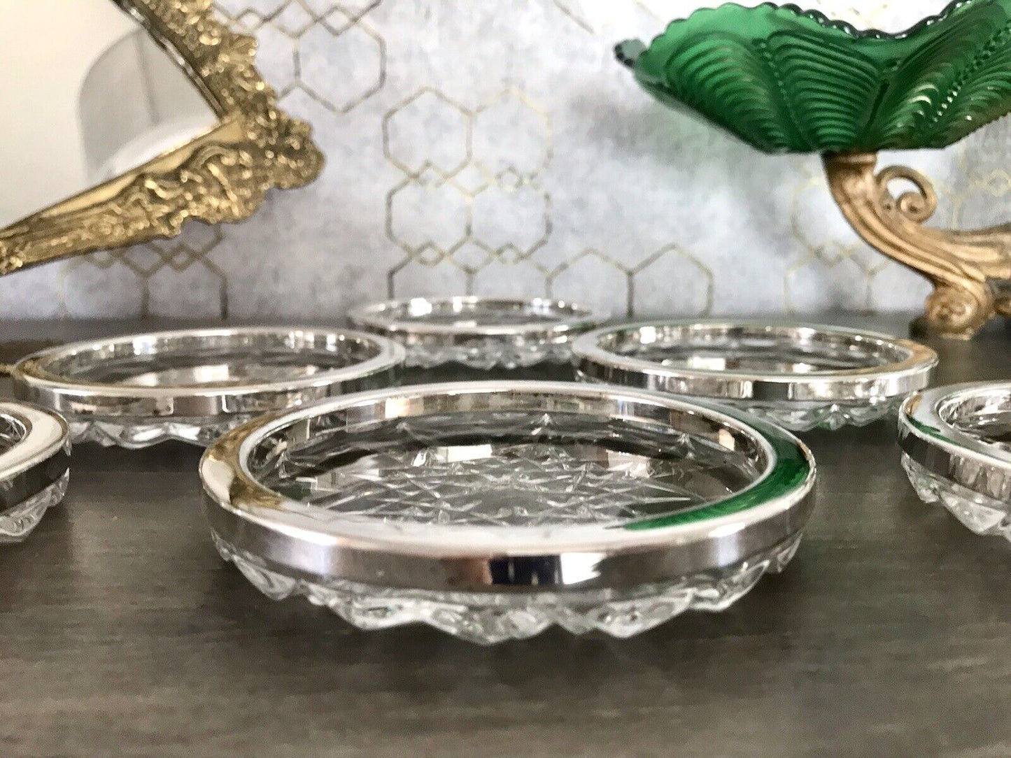 Vintage 6x Untersetzer für Weingläser Glas Kristallglas Bleikristall versilbert