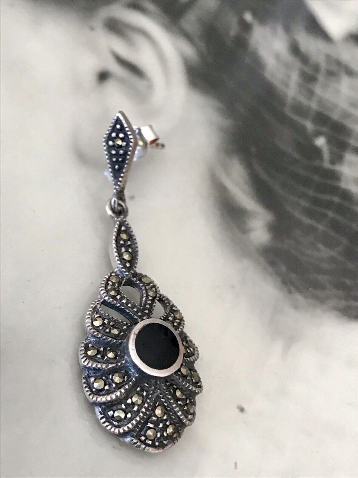 Antik Art Déco Wunderschön Ohrhänger Ohrringe DAMEN Silber 925 Onyx Markasite