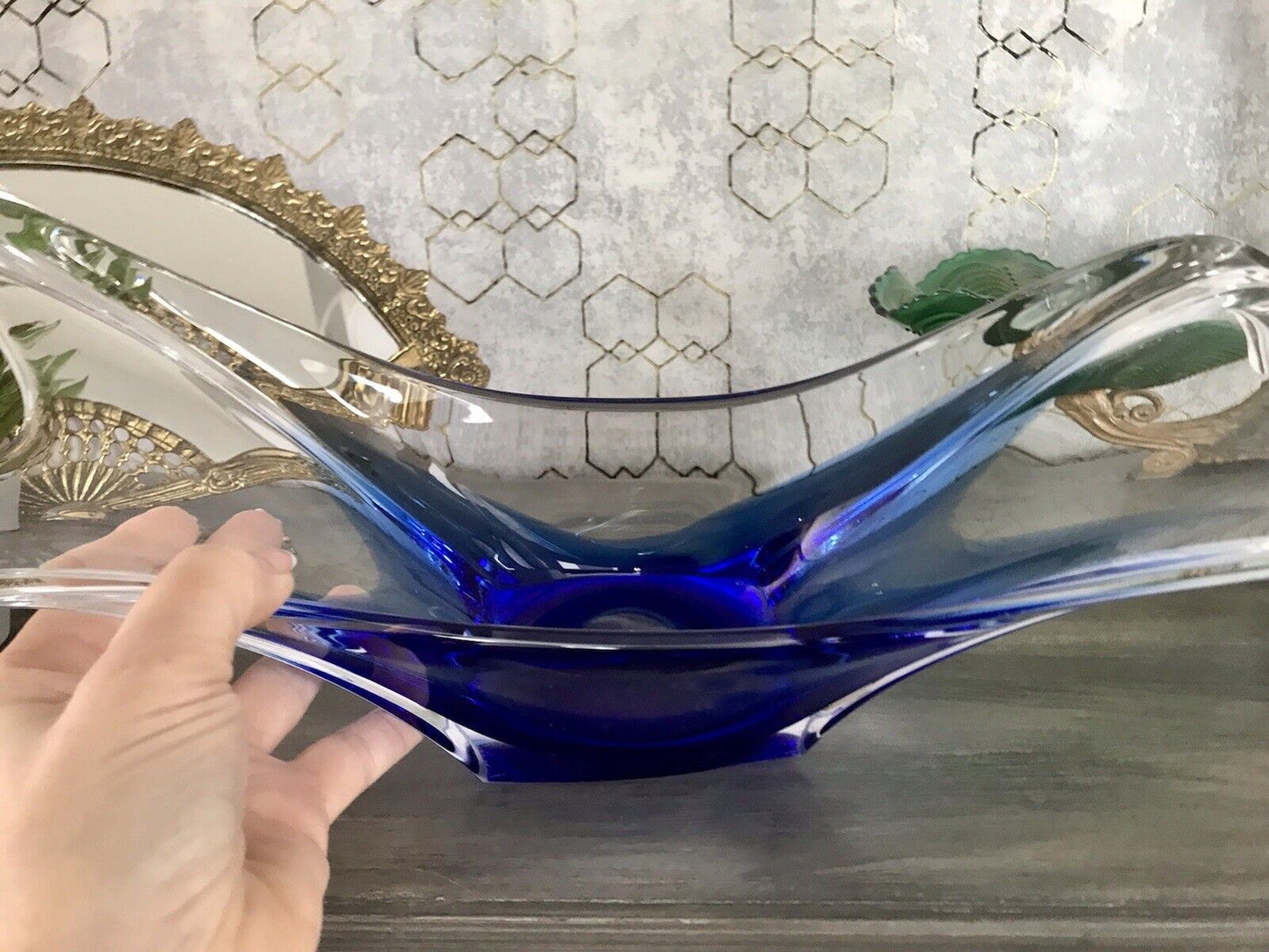 Murano 60er 70er Jahre Schale Glas zipfelig blauer Zwischenfang im Klarglas