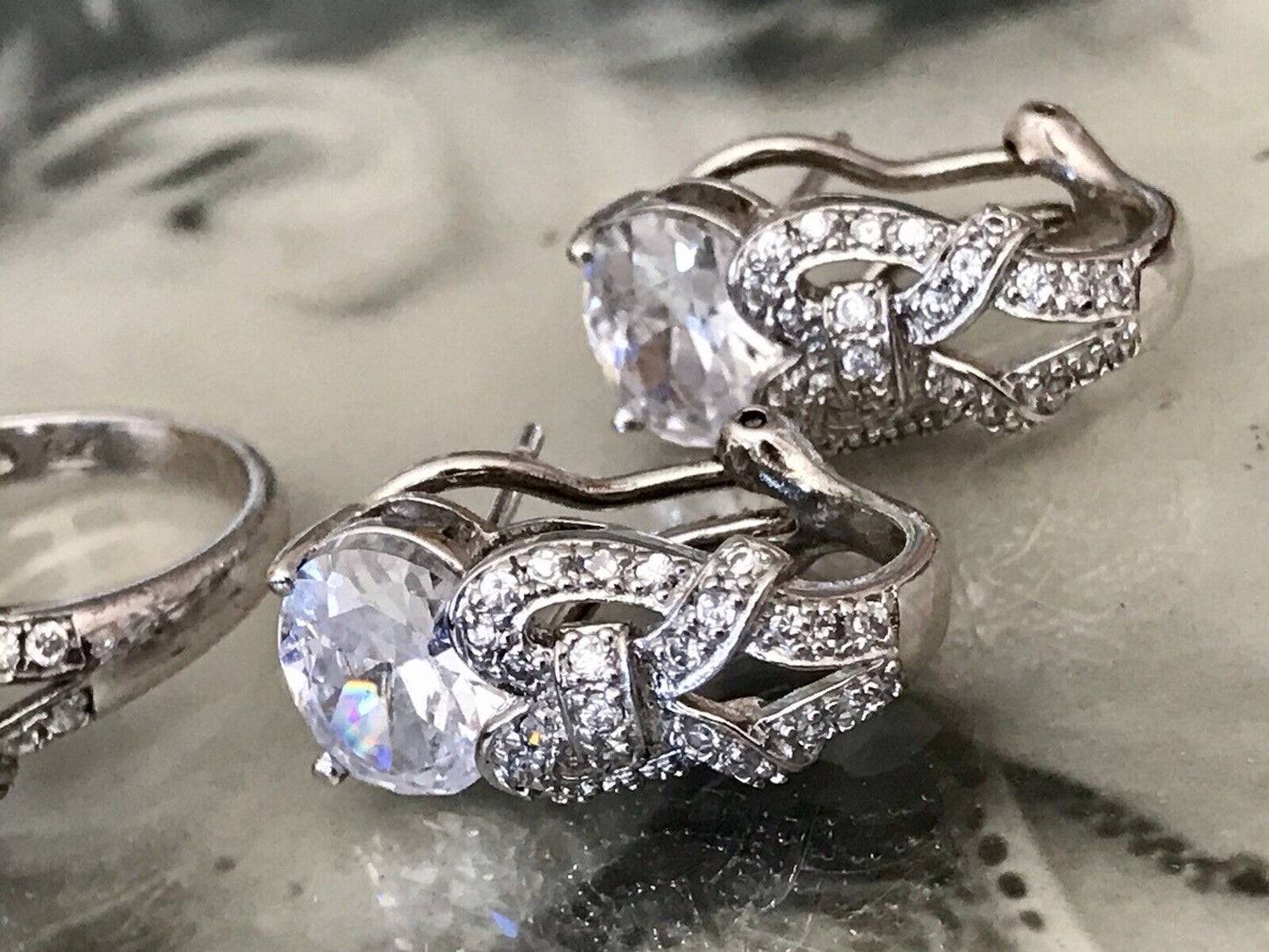 Edel Schmuck Set DAMEN RING & Ohrringe Silber 925 Gr.63 Steine Cubic Zirkonia