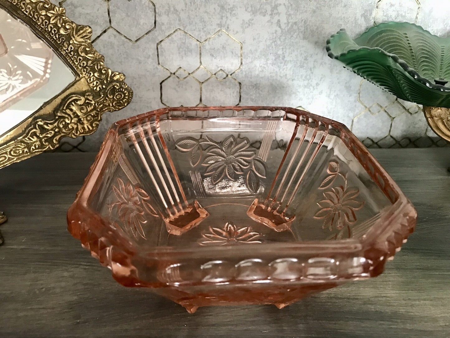 Antik Art Déco Dose Deckeldose Zierdose Pressglas Rosalin rosa Glas