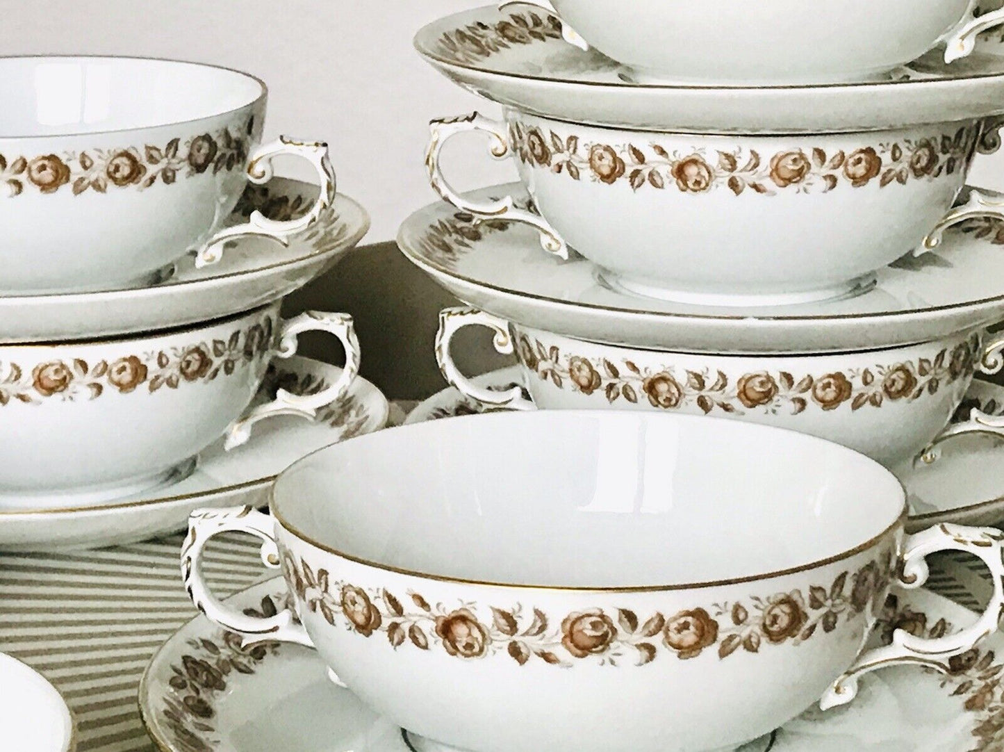 Vintage Porzellan Tafelservice Fürstenberg 12 Suppentassen weiß braun gold