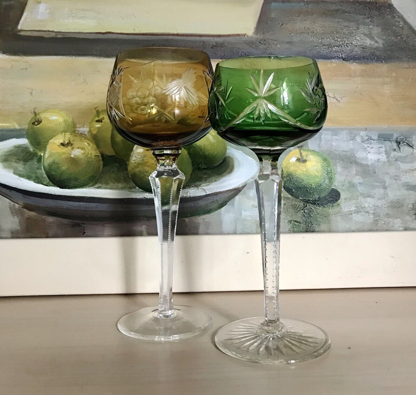 Alt Vintage antik? 2x Weinglas Römer Kristallglas Schliff gelb grün Schliff