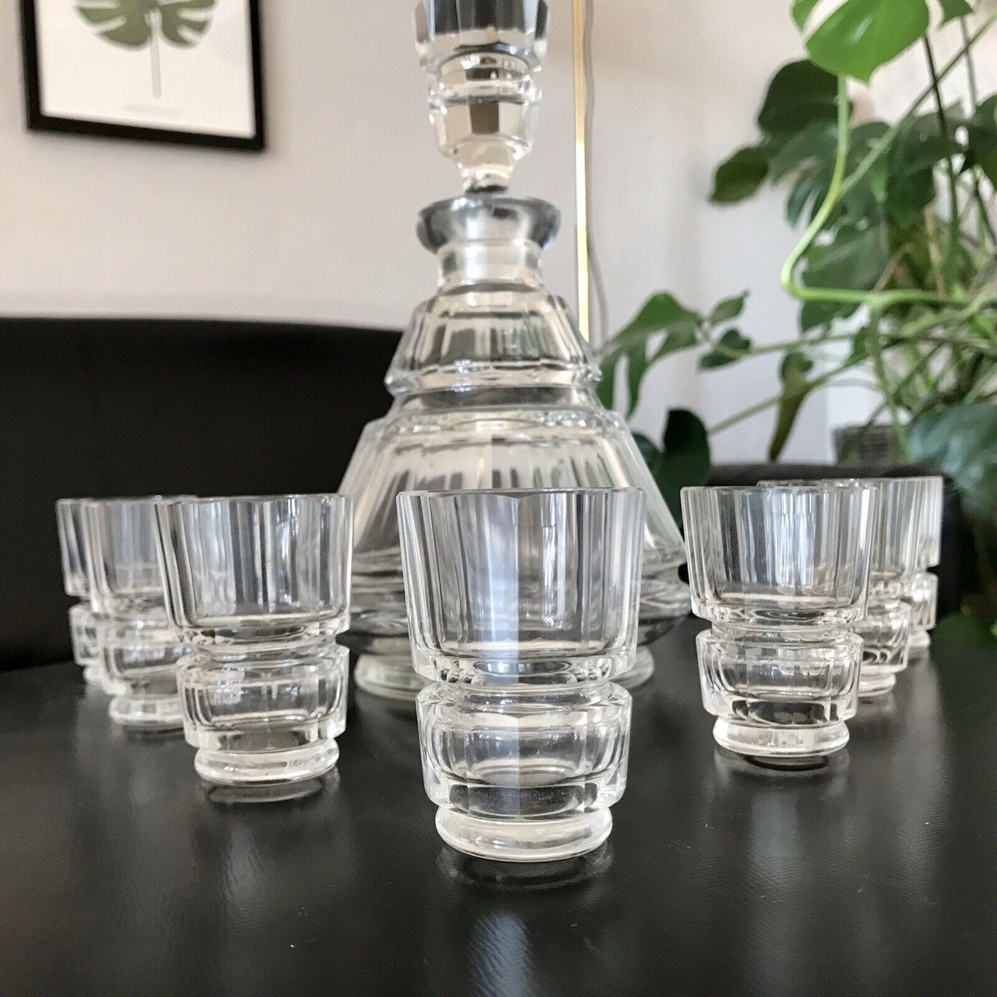 Antik 1930 Art Déco Karaffe Likör Set 7 Gläser Entwurf J.Hoffmann f. Moser&Söhne