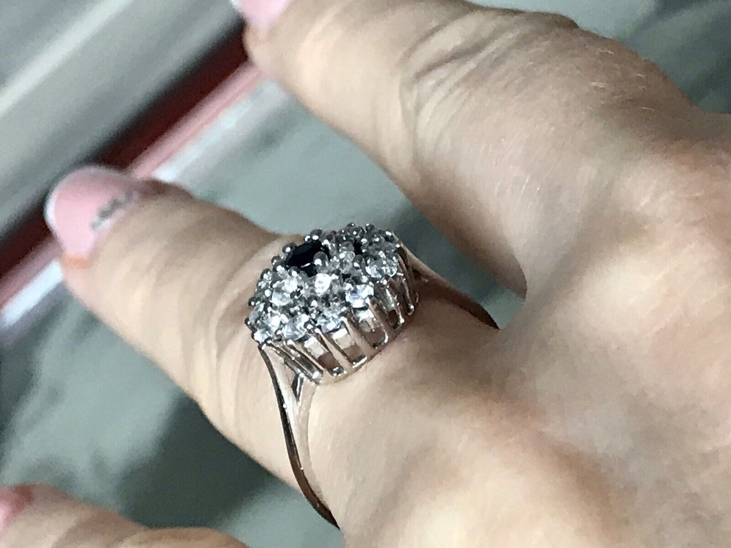 Vintage Entourage Halo Ring farblose Steine & Saphir Silber 925 ~Gr.54