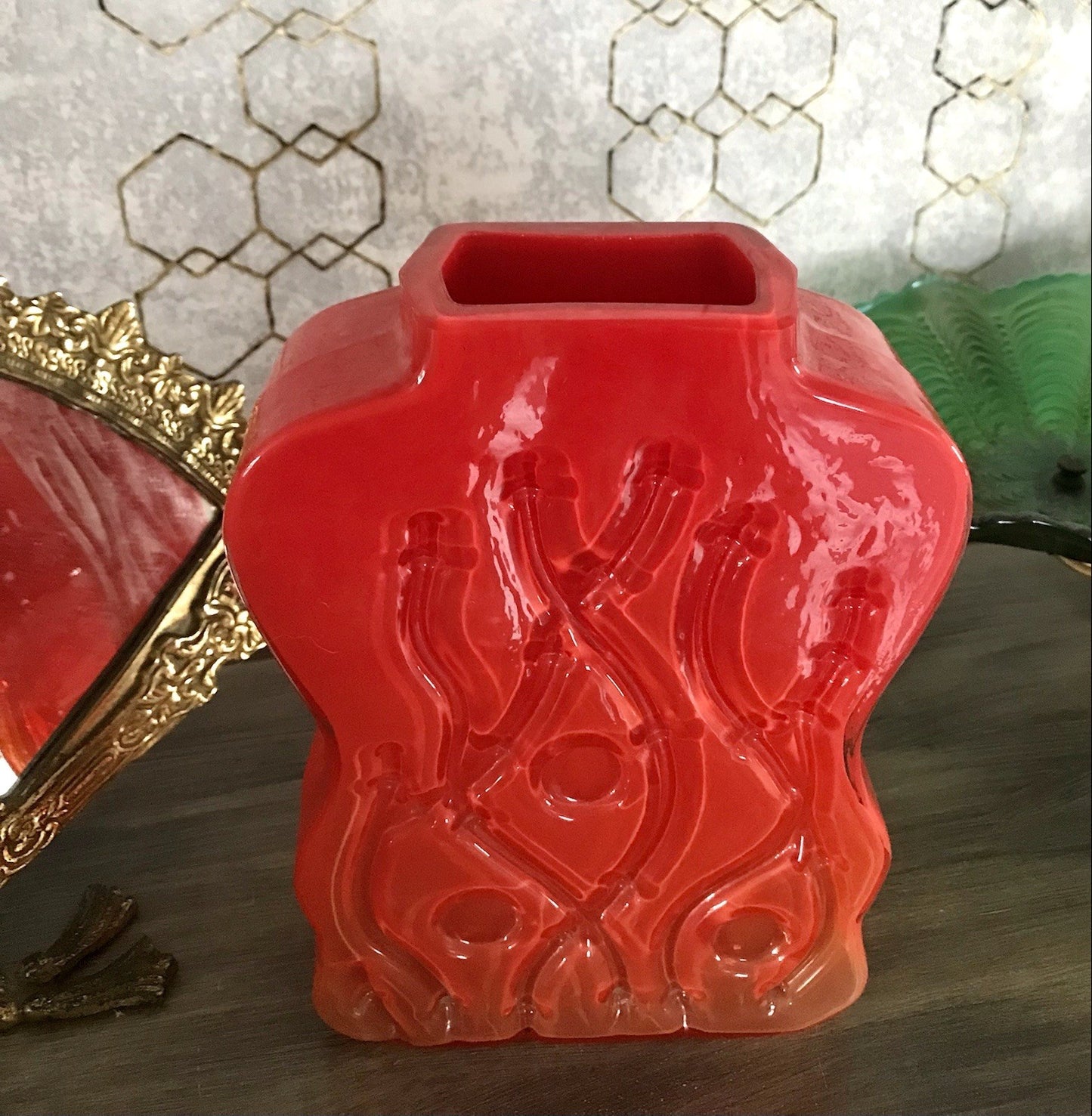 Vintage 70er Design Glasvase Glas Rot Orange Vase Pop Art Hirschberg