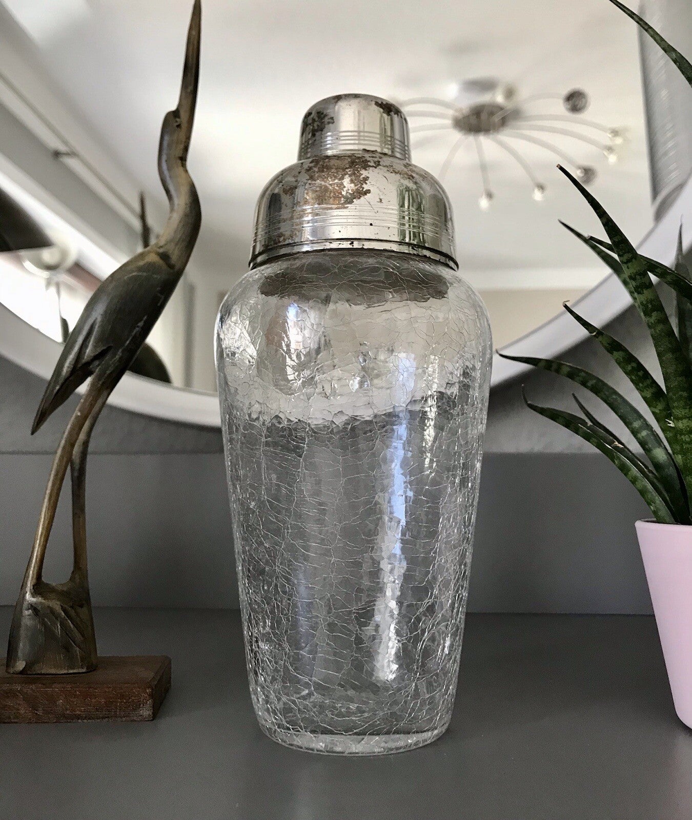 Vintage Glas 60er Craquelée versilbert Montur Getränke Cocktail Shaker