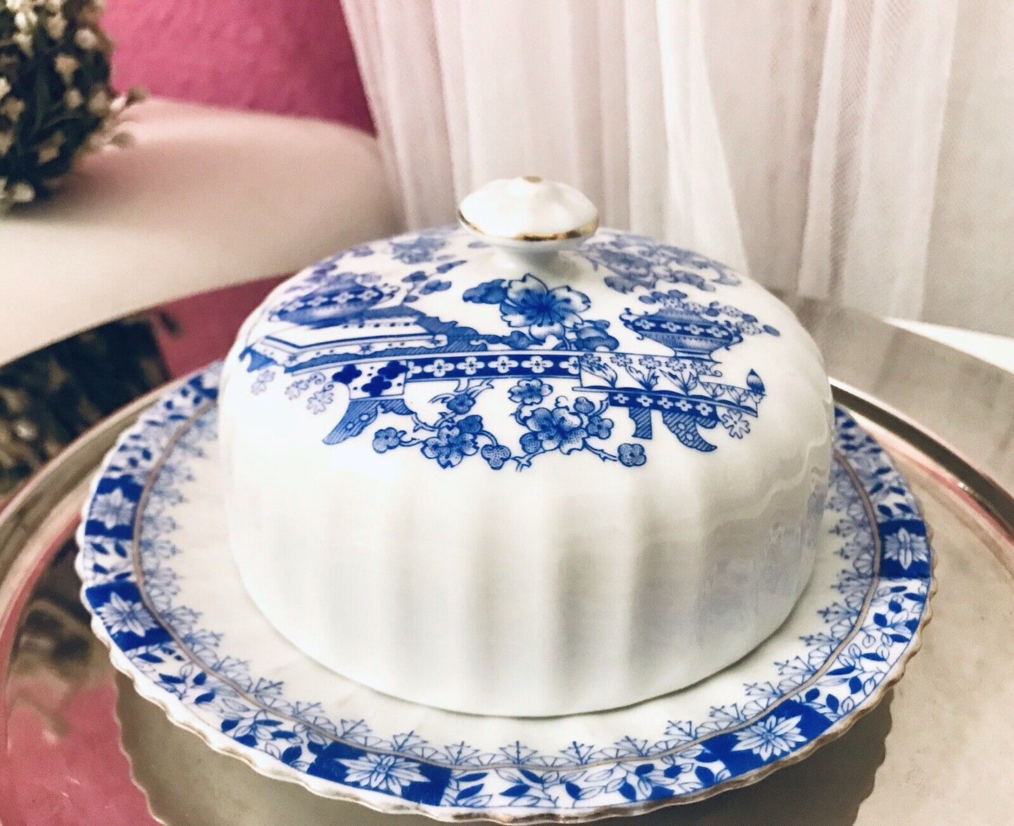 Antik Art Déco Porzellan Butterdose Dose China Blau