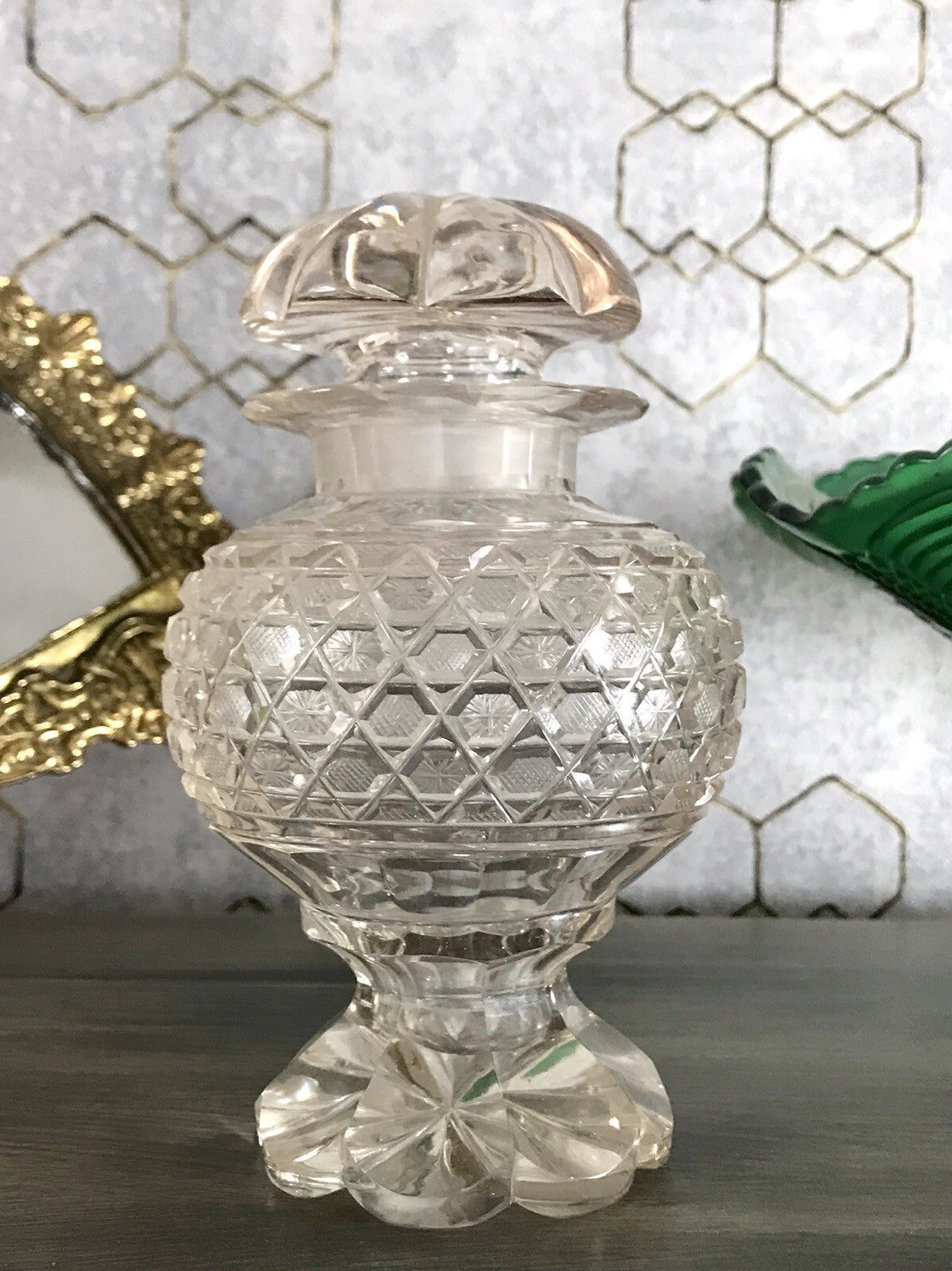Antik uralt ~1850 Glasdose Schale m. Fuß Bonboniere Kristallglas Schliff Schnitt