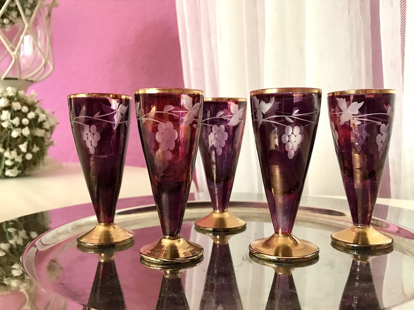 Antik Jugendstil Art Déco 5 Pinnchen Schnapsgläser Golddekor Gläser Schliff ROT