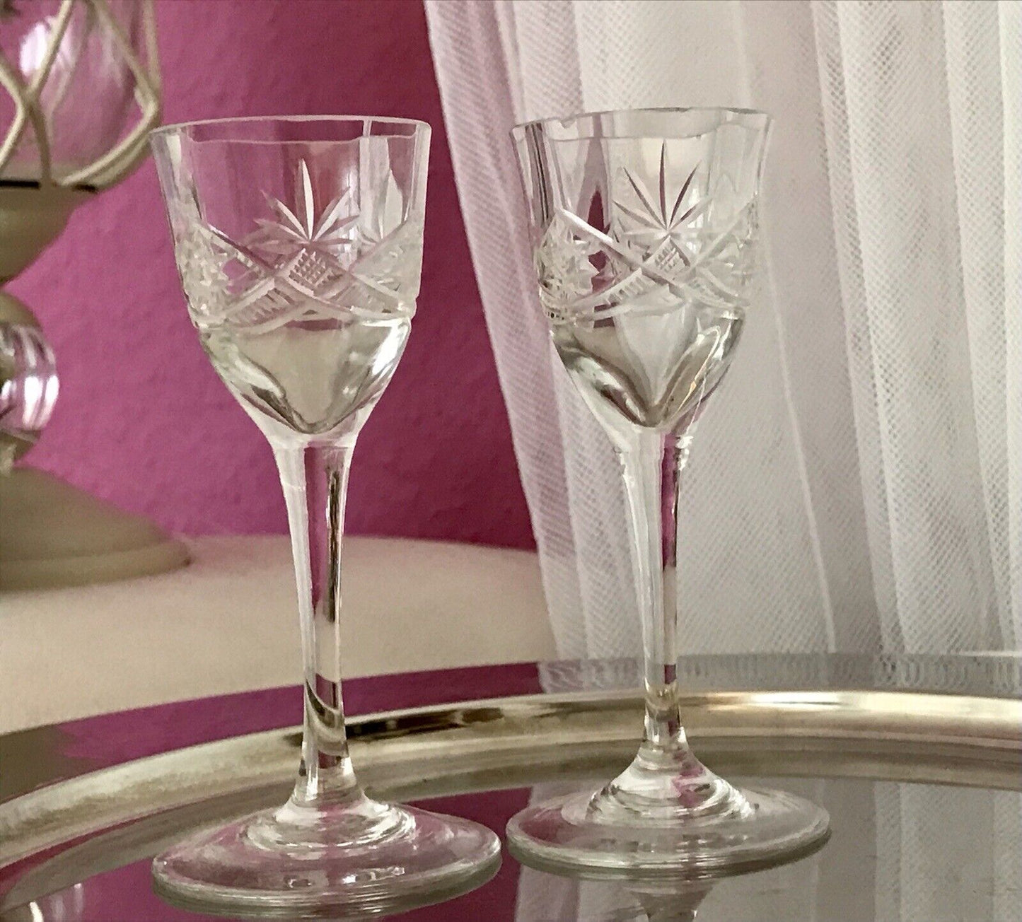 Antik 2 hochstielige Jugendstil Art Déco Likörgläser Kristallglas Schliff EDEL
