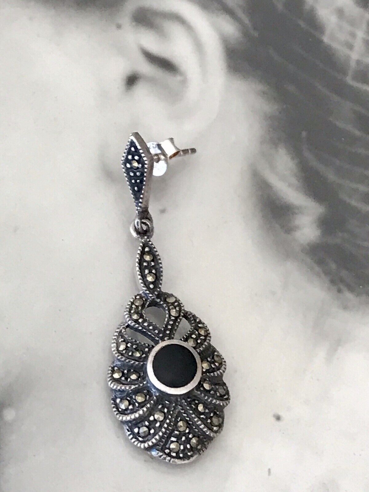 Antik Art Déco Wunderschön Ohrhänger Ohrringe DAMEN Silber 925 Onyx Markasite