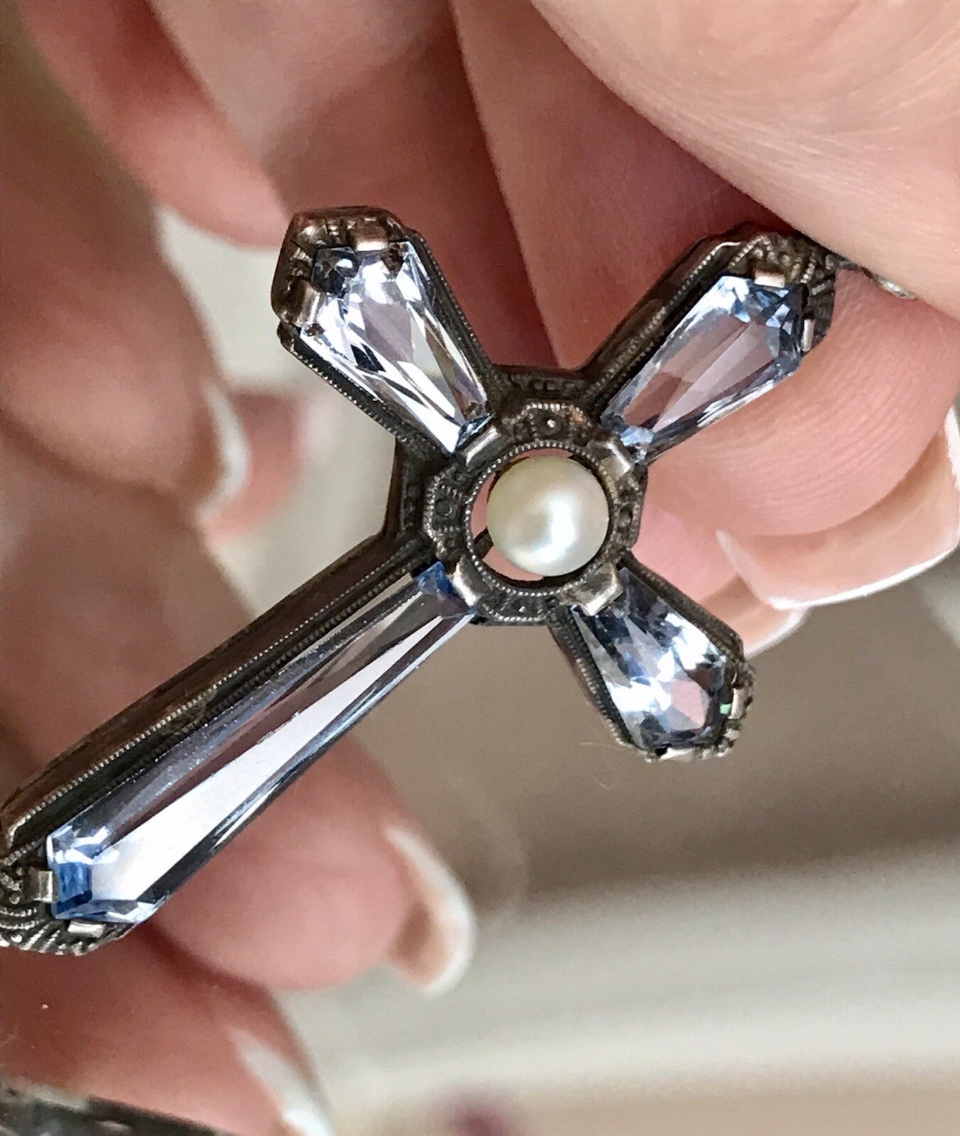 Antik Edel Art Déco Silber Kreuz Anhänger Kettenanhänger blaue Steine Aquamarin?