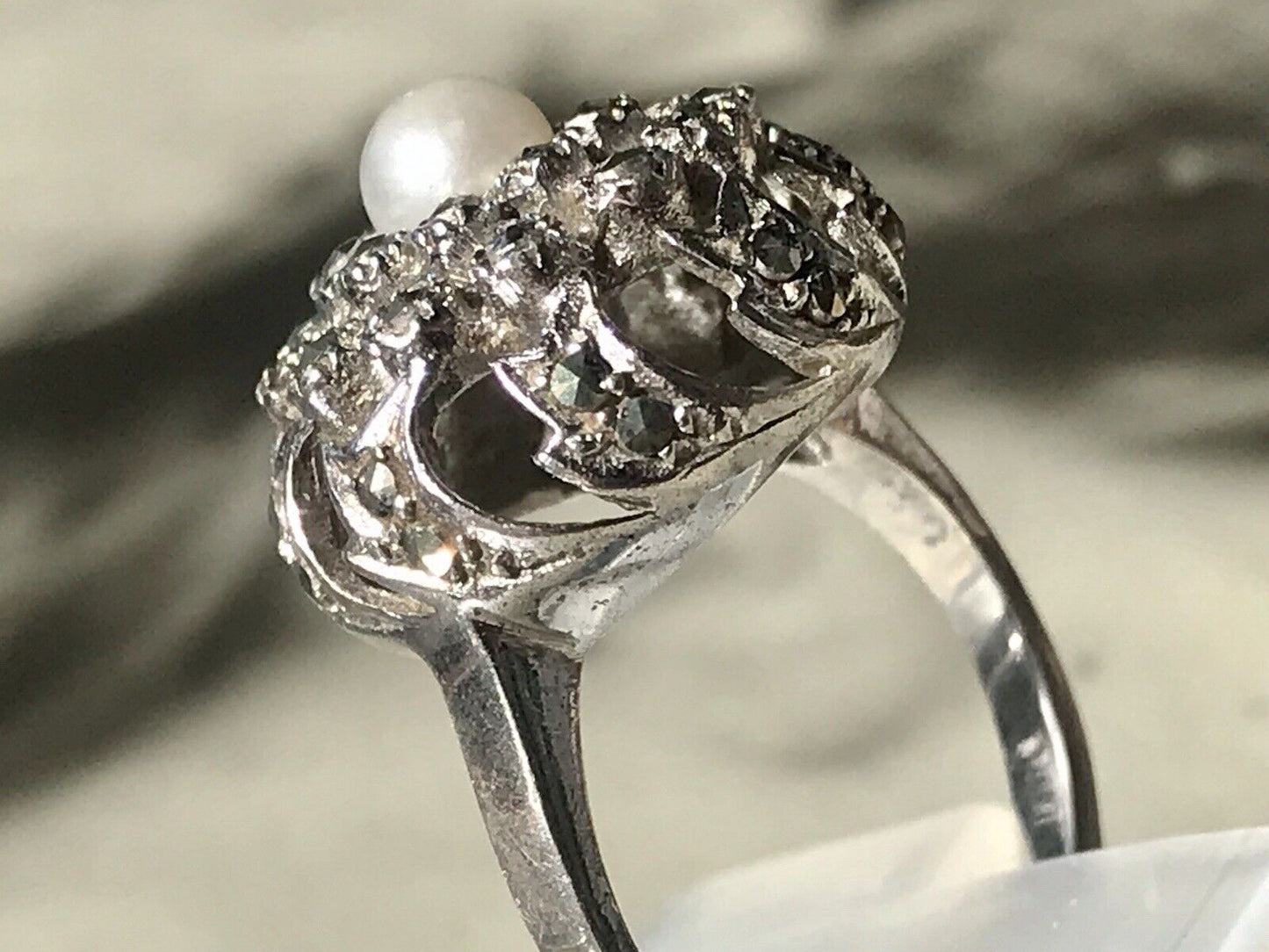 Antik Edel DAMEN Entourage RING Silber 835 Perle Markasite Gr.52