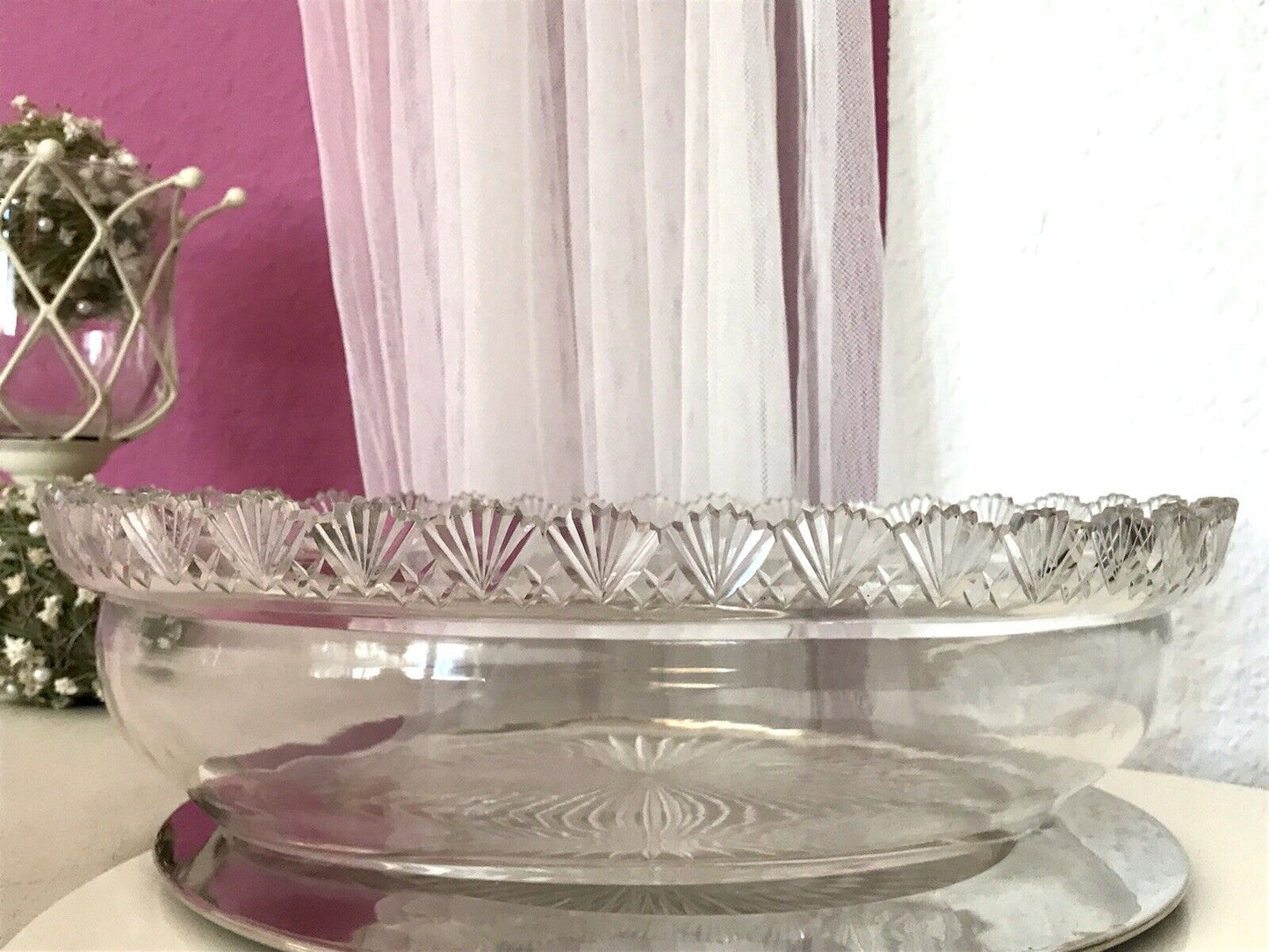 Antik Groß Bleikristall Schale Glasschale Jardiniere Kristallglas Glaseinsatz