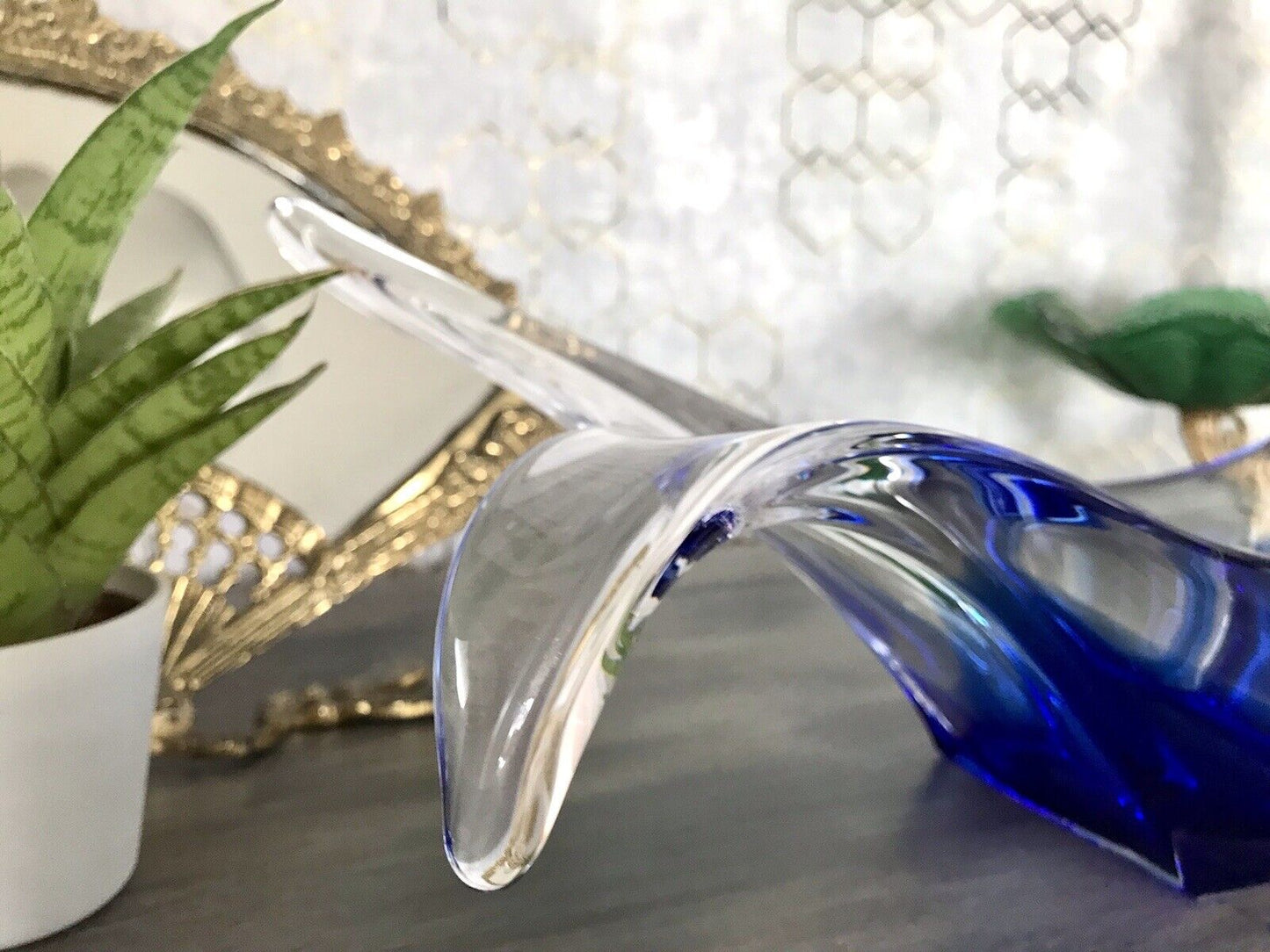 Murano 60er 70er Jahre Schale Glas zipfelig blauer Zwischenfang im Klarglas