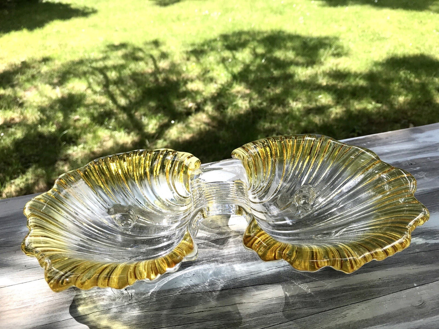 Vintage 70er Glas Schale Anbietschale Muschel Walther Glas Kultig gelb