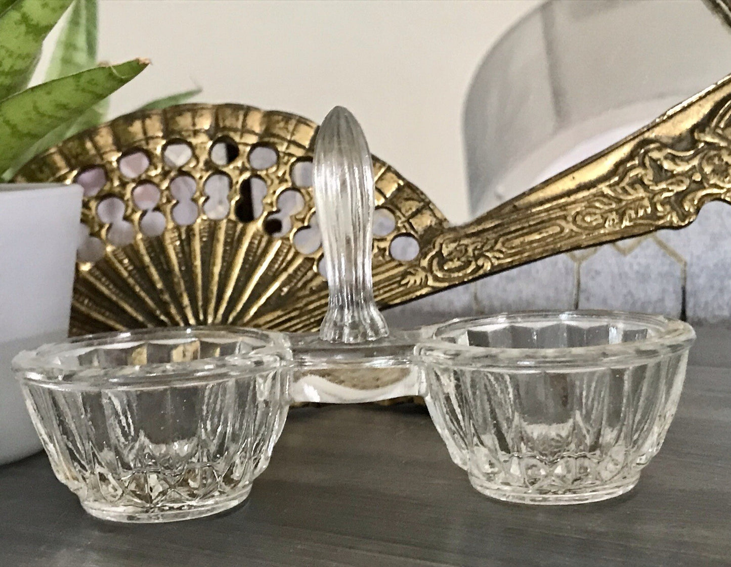 Antik Art Déco Pressglas Salz & Pfeffer Menage Saliere Gewürzständer Glas
