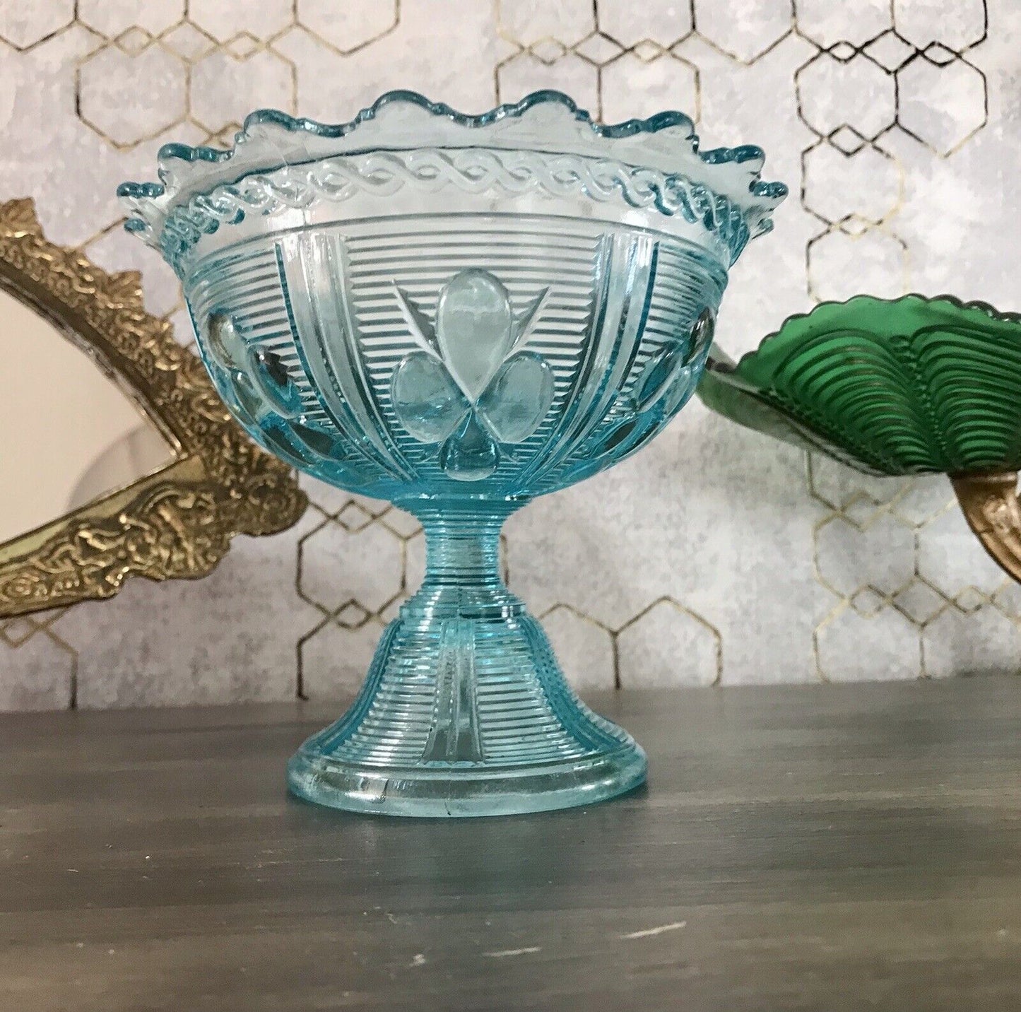 Antik Jugendstil Art Déco Pressglas Schale Fußschale Zuckerschale blau türkis