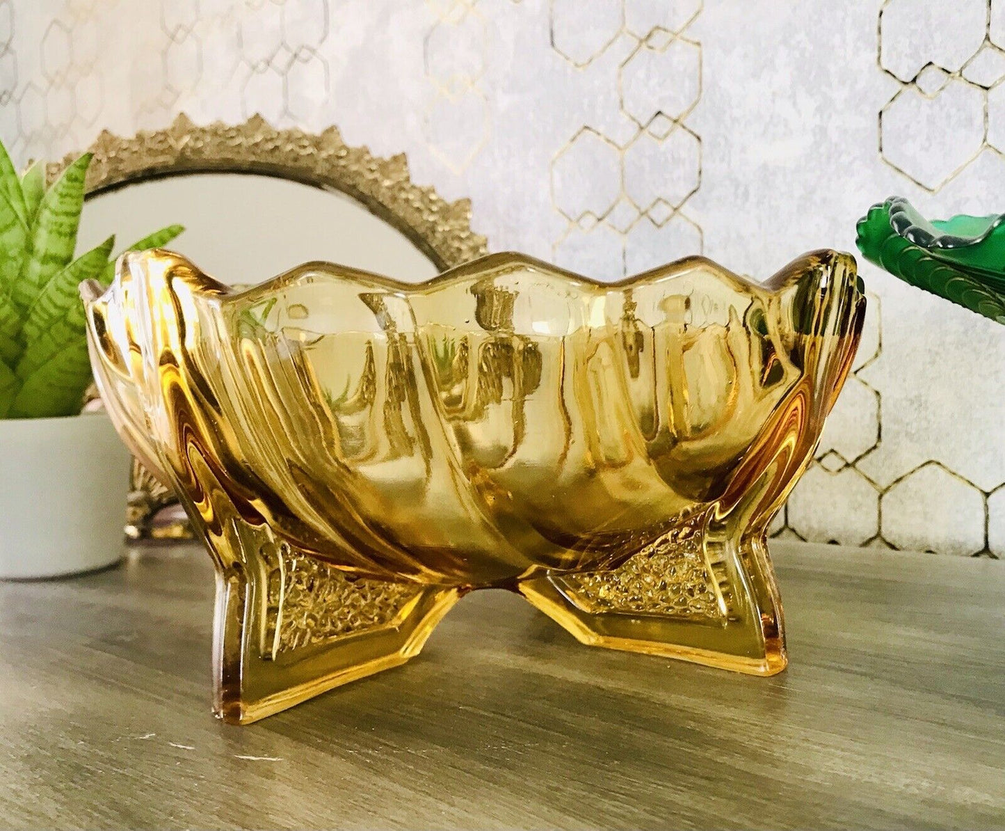 Antik Art Déco gelb Pressglas Jardiniere Schale Glas RAR markant