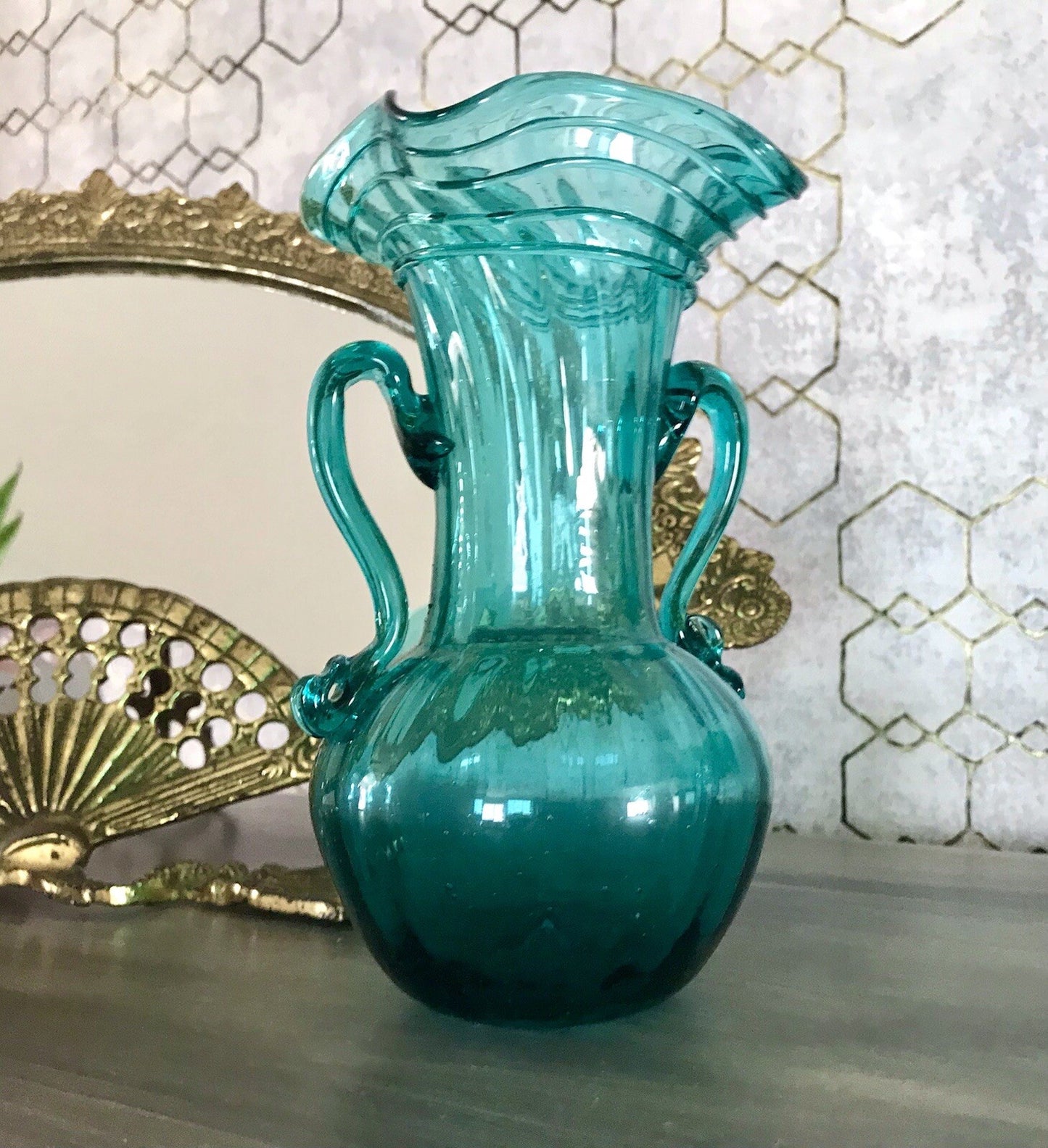 Antik Glasvase Vase Türkis Blau Glas Abriss Aufschmelzungen Murano?