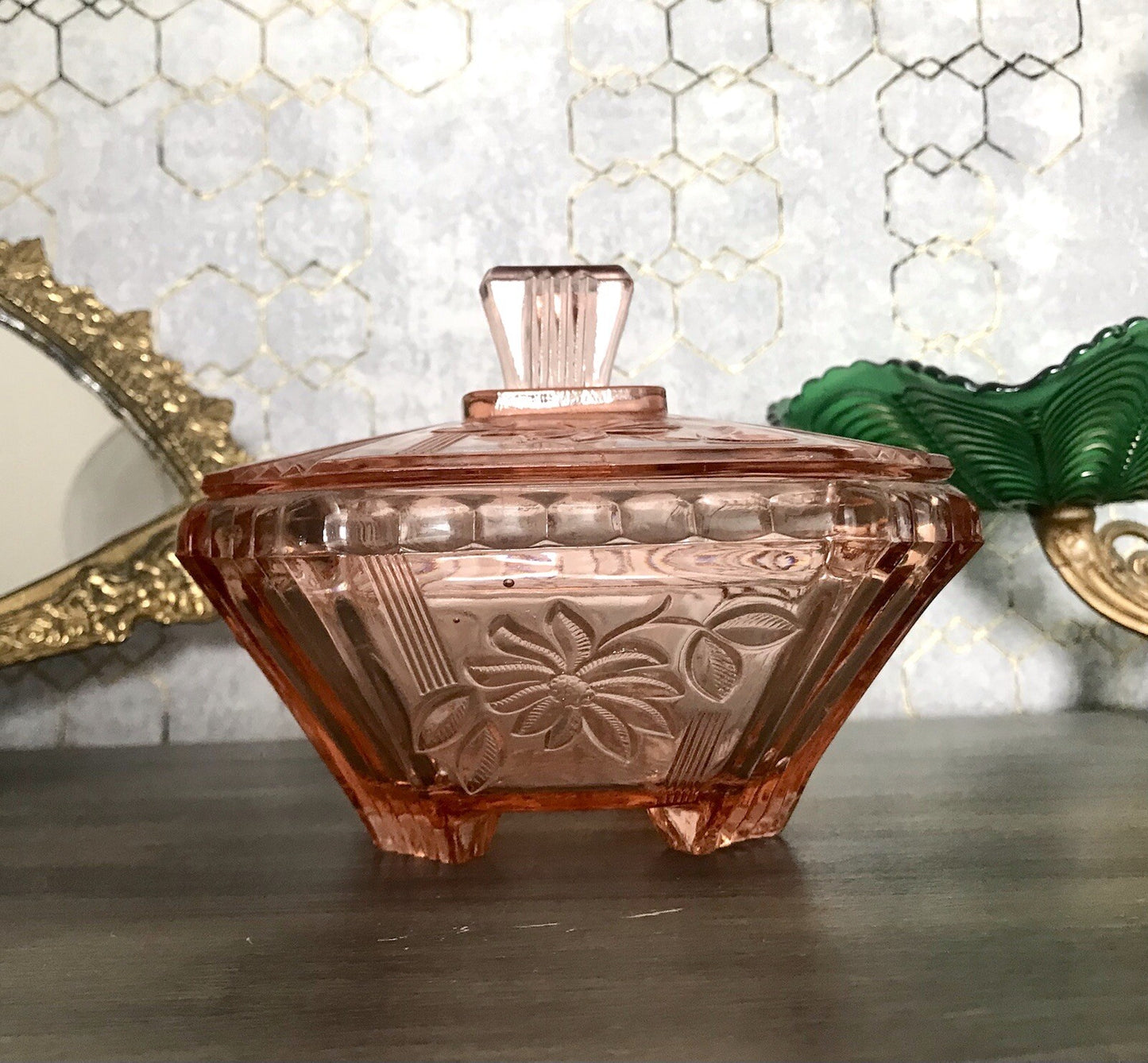 Antik Art Déco Dose Deckeldose Zierdose Pressglas Rosalin rosa Glas