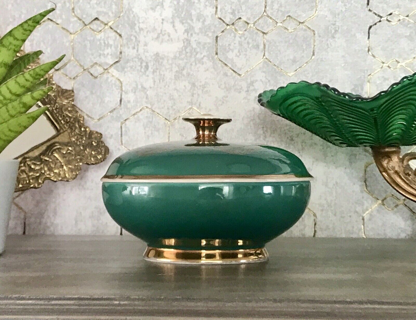 Spätes Art Vintage 50er Porzellan Dose Deckeldose Bonboniere grün gold Seltmann