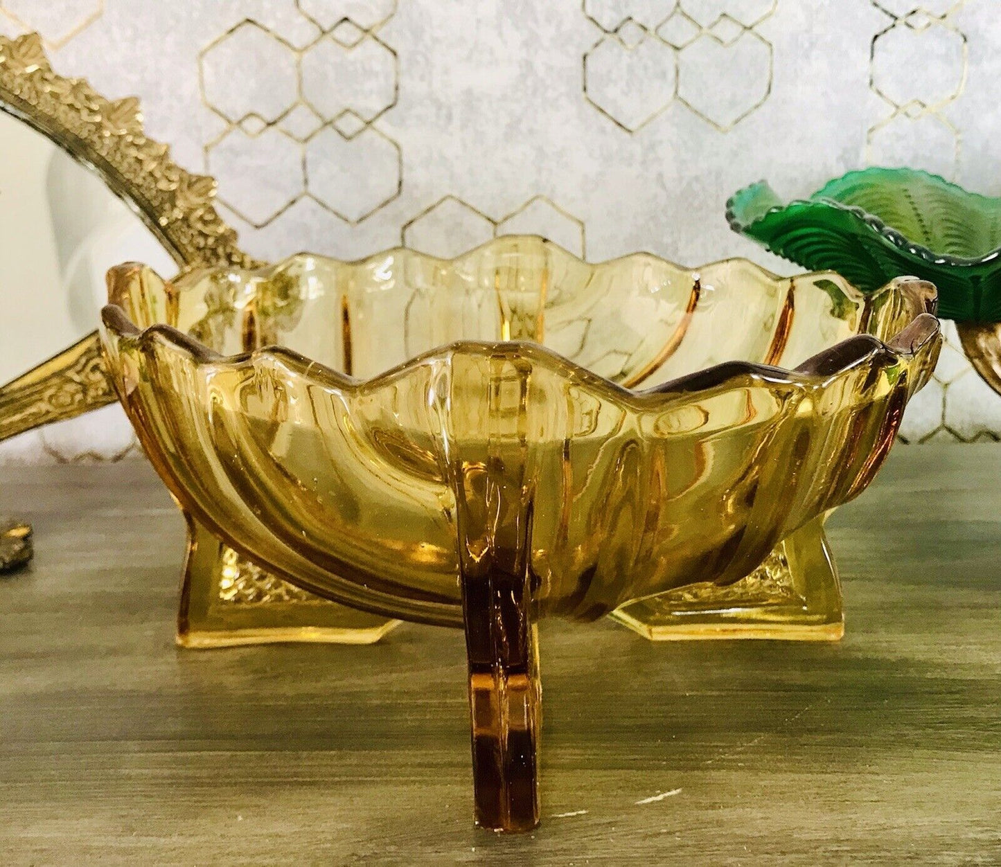 Antik Art Déco gelb Pressglas Jardiniere Schale Glas RAR markant