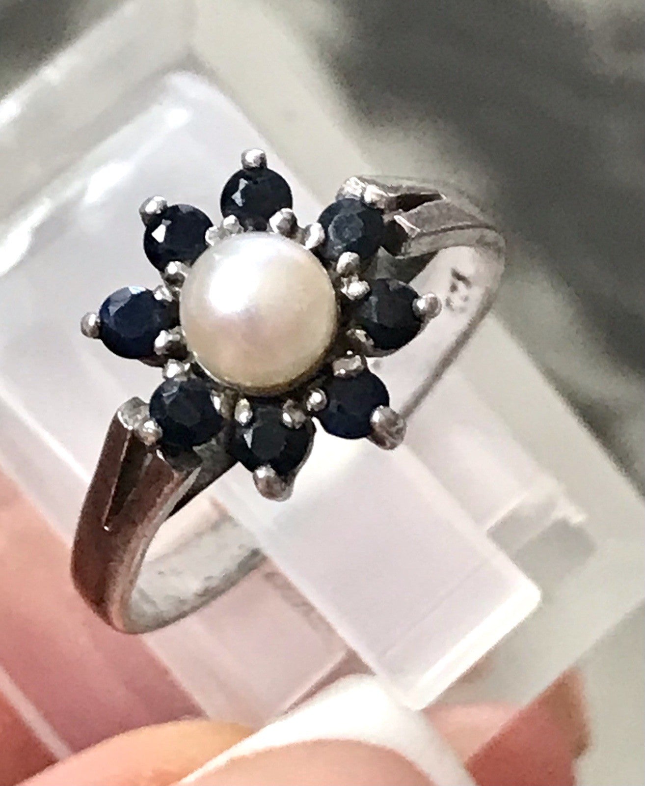 Antik? Vintage Art Déco Damen Ring Perle Spinell ? Saphir? Silber 925 Gr.57 18,1