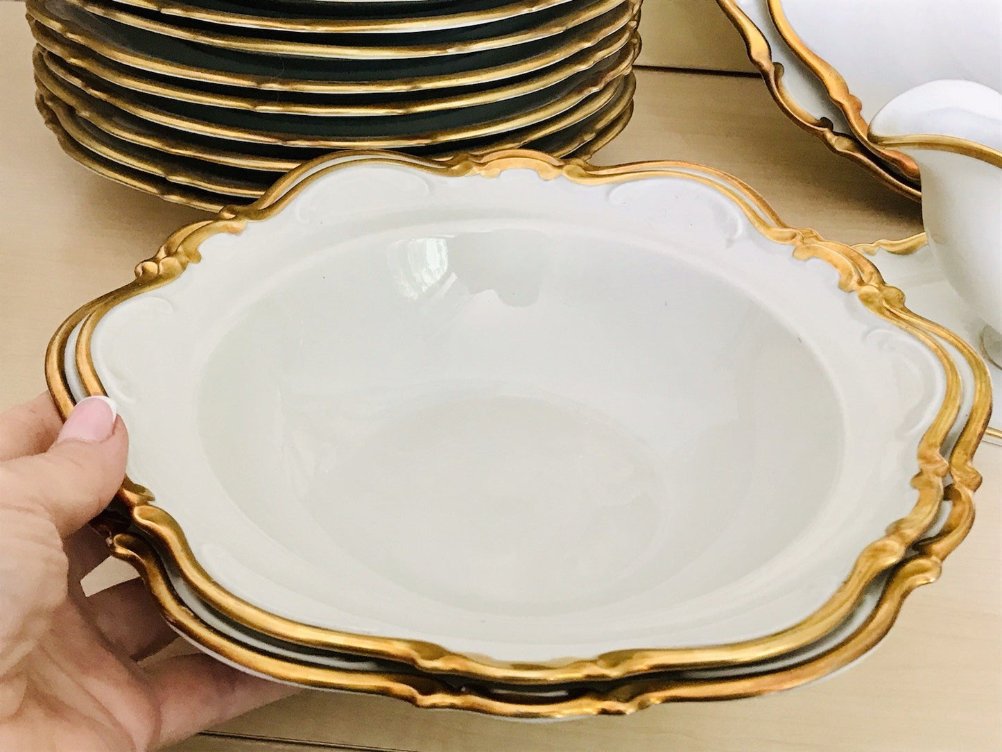 Antik Art Déco Porzellan Tafelservice goldene Ranke EDEL Mitterteich 12 Personen