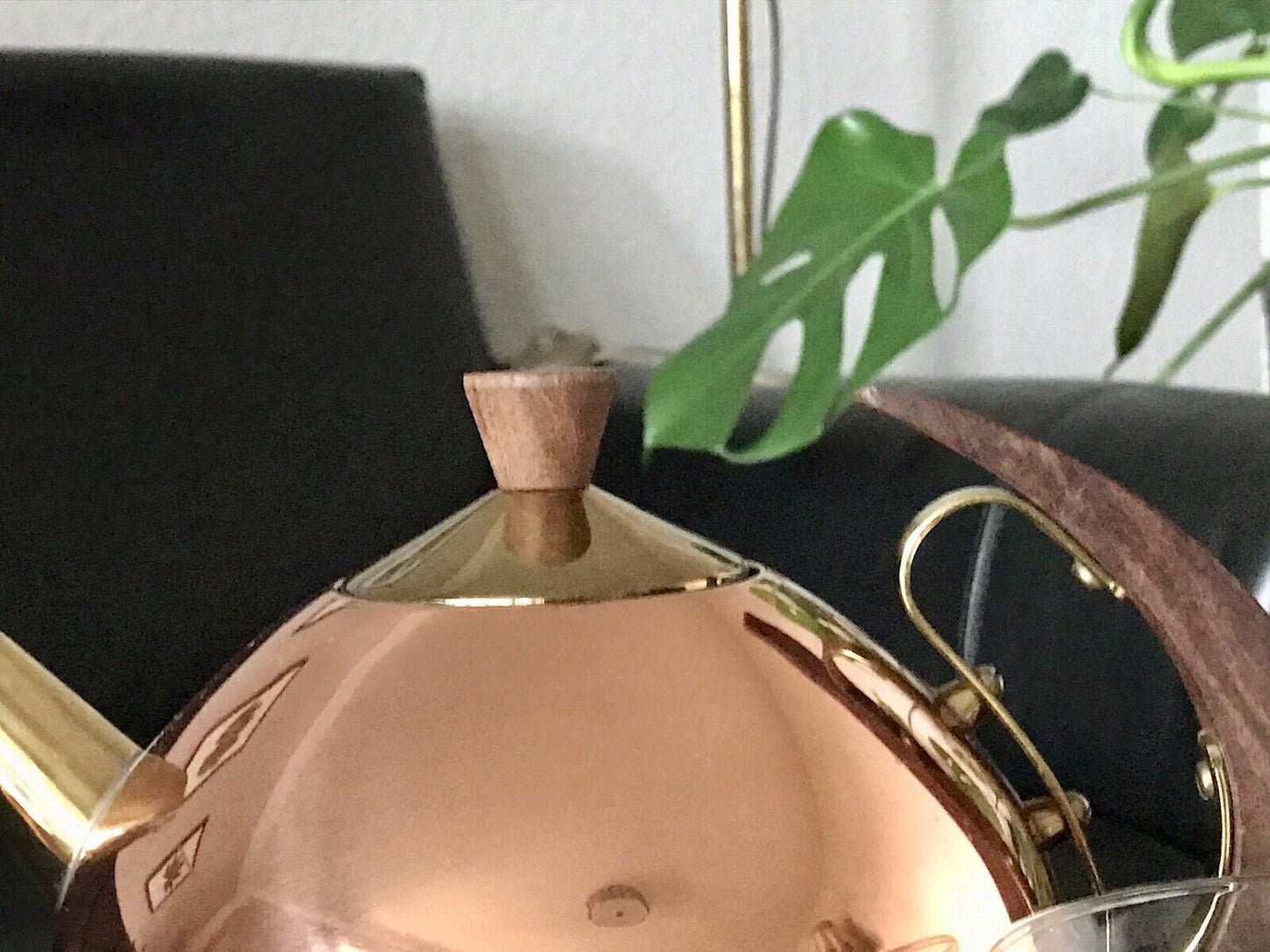 Vintage 60er 6x Teeglashalter mit Glaseinsätzen & Kanne Kupfer Teak