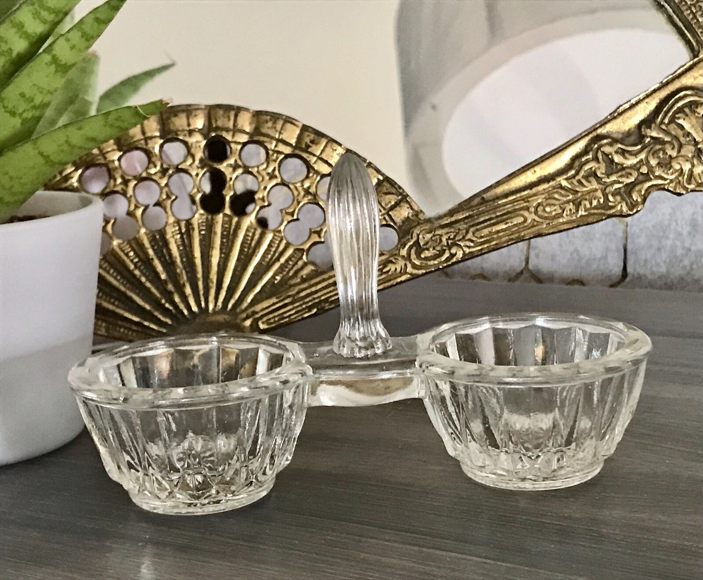 Antik Art Déco Pressglas Salz & Pfeffer Menage Saliere Gewürzständer Glas