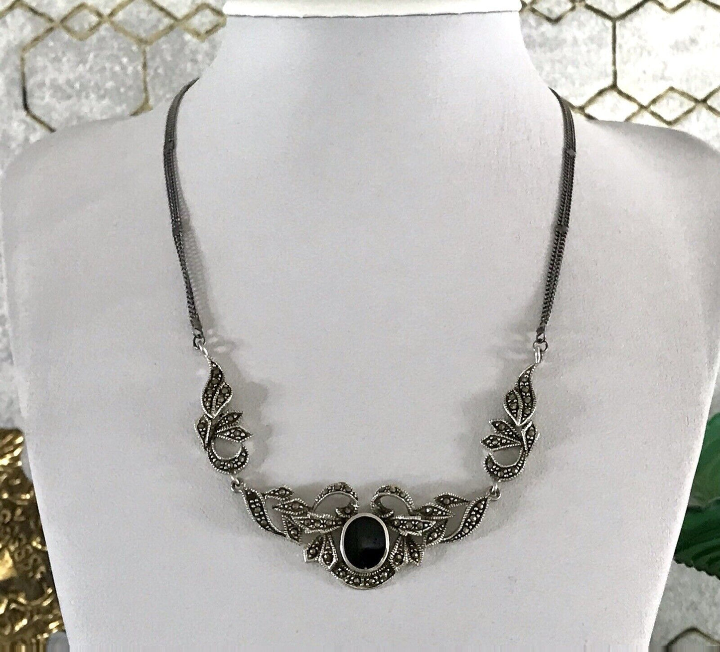 Antik Edel Jugendstil Art Déco 925 Silber Collier Halskette mit Onyx & Markasite