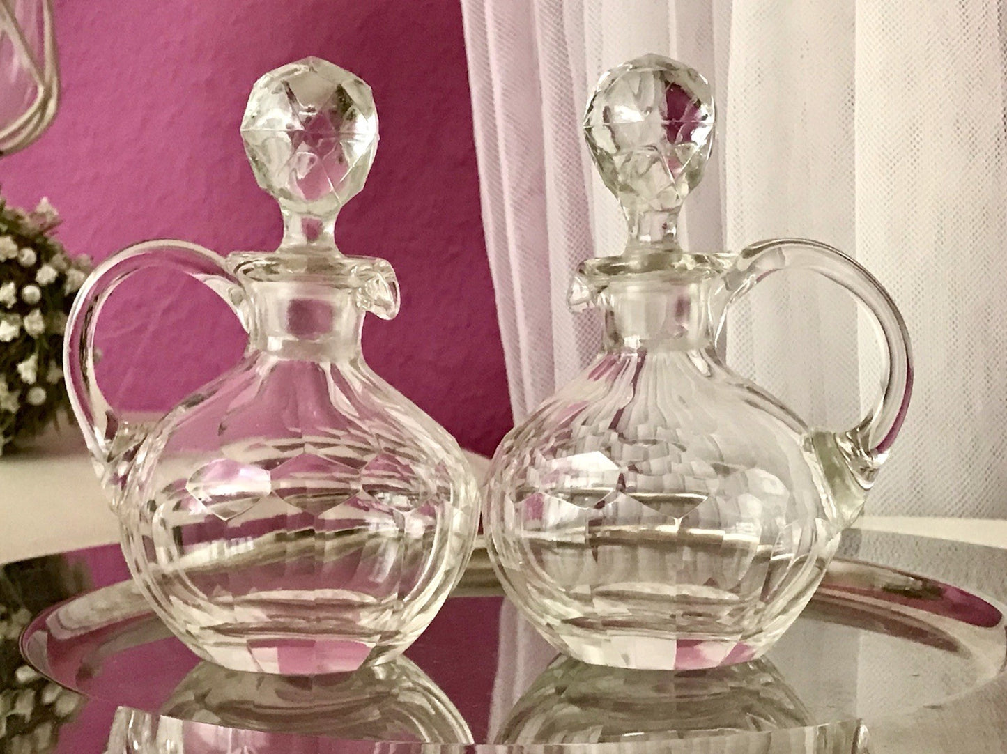 Antik 2x Kristallglas Essig&Öl Karaffe Glas Schliff Oliven Stopfen