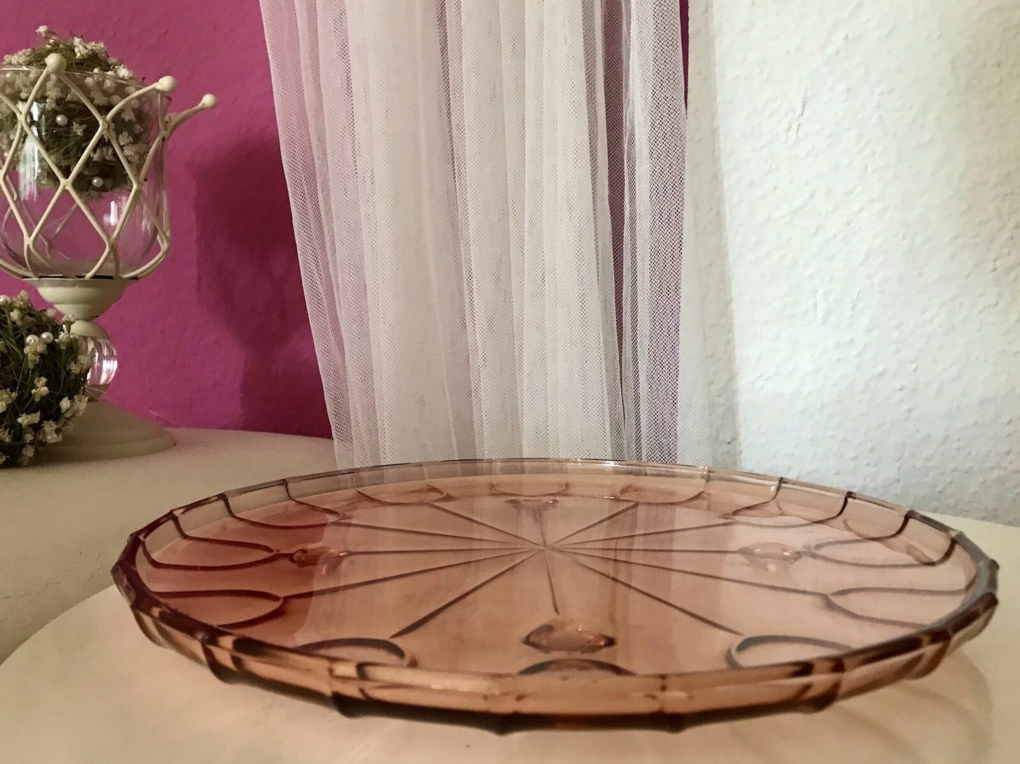 Antik Tortenplatte Tortenständer Rosalin Glas rosa 4Füssig Art Déco Pressglas