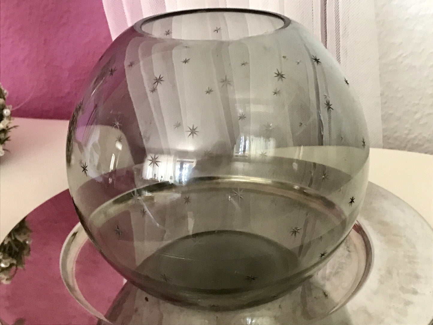 Alt Vintage Glasvase Glas Rauchglas Vase Mid century Kugelvase Grau Sternchen