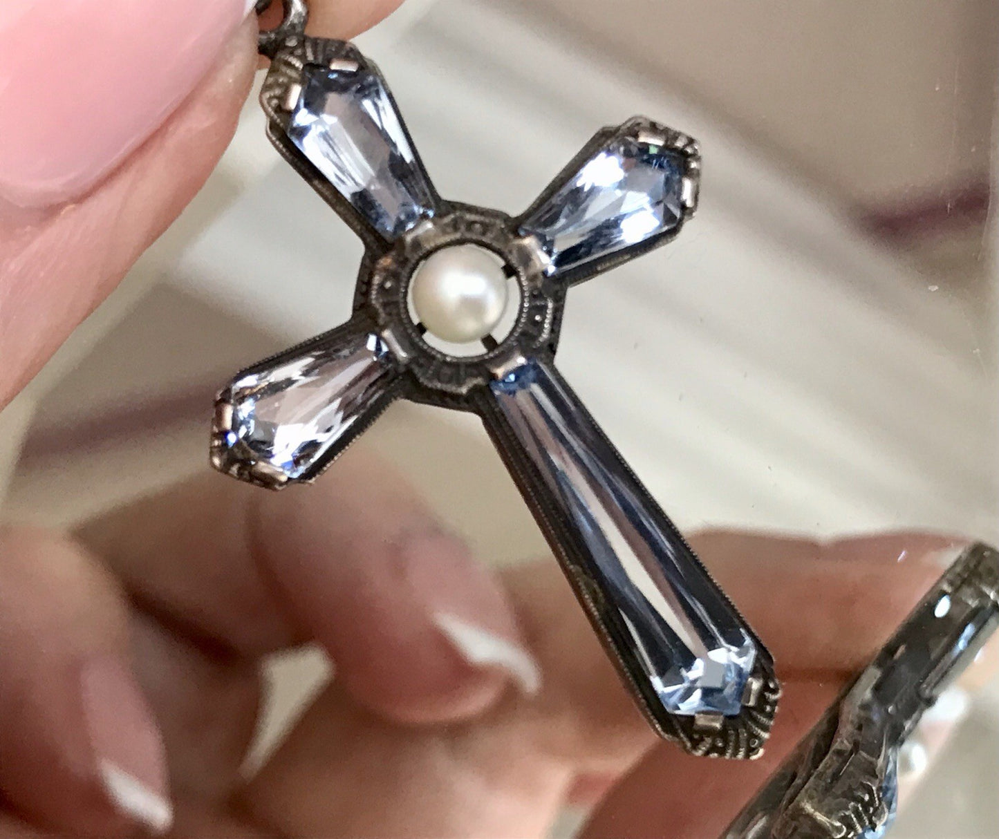 Antik Edel Art Déco Silber Kreuz Anhänger Kettenanhänger blaue Steine Aquamarin?