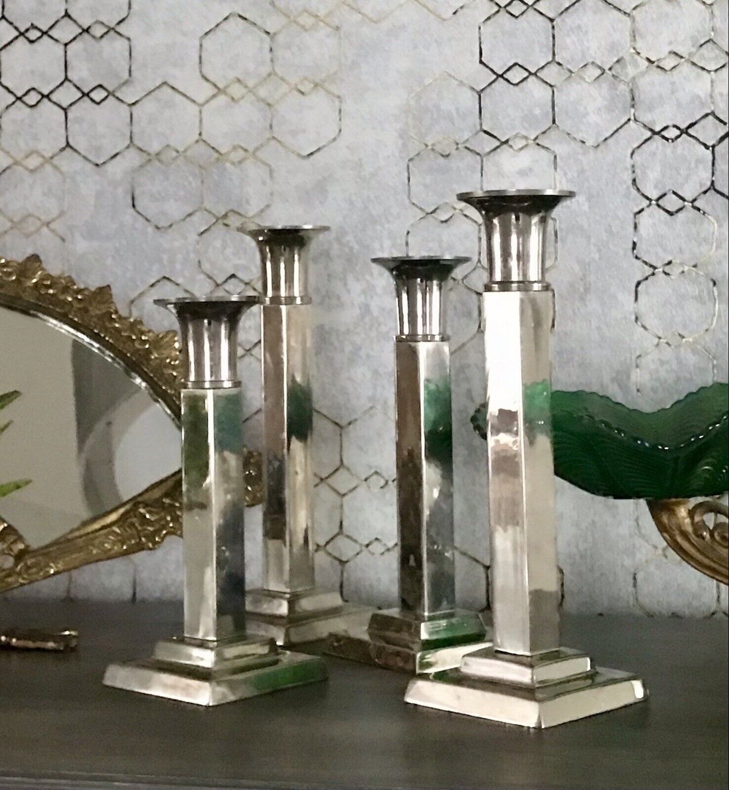 4 Kerzenleuchter Kerzenständer Leuchter Art Déco Stil versilbert? kantig