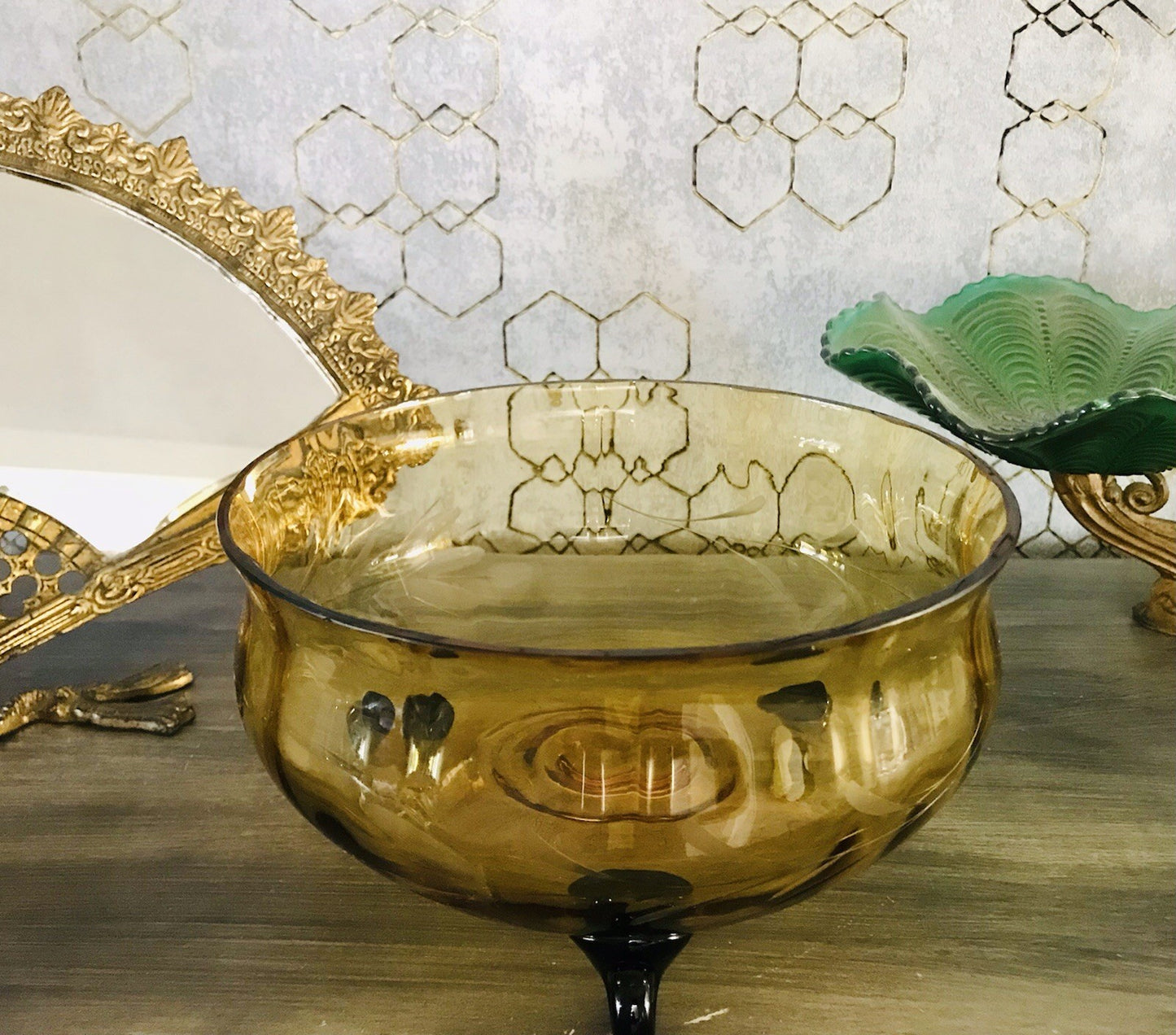 Antik Art Déco Schale Glasschale Bernstein Gelb schwarz Glas gerippt & Schliff
