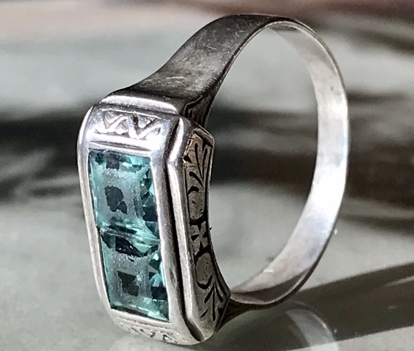 Antik Art Déco Unisex RING Silber Gr. 62 19,7 Blaugrüne Steine