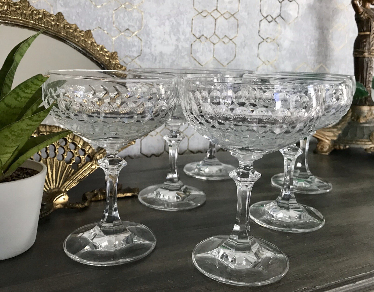 Vintage 8x Champagnerschalen Sektschalen Kristallglas Schliff Bleikristall
