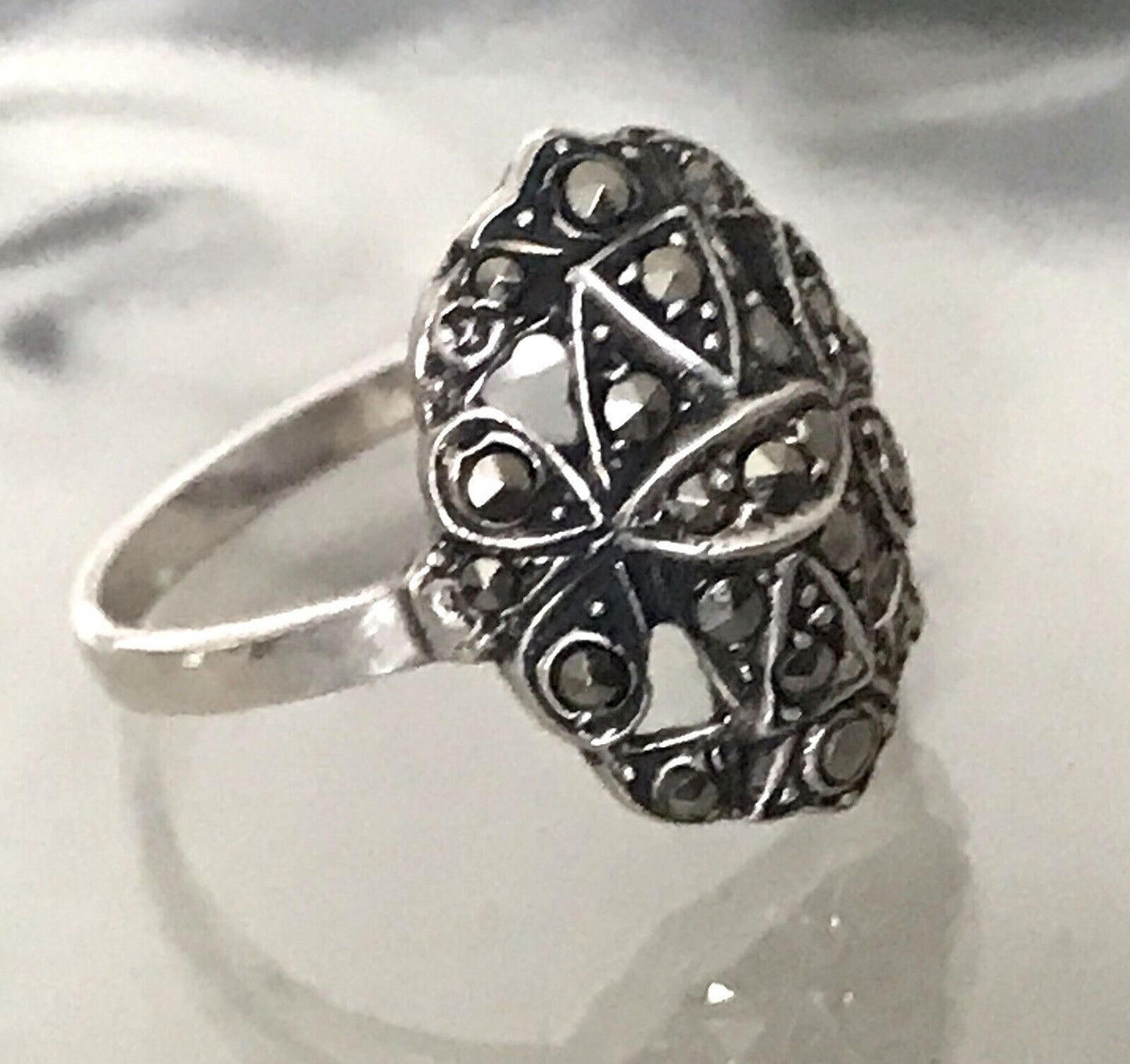 Antik Art Déco Edel Markasite DAMEN RING Silber 925 Gr.52 53 Schiffchen 1,68