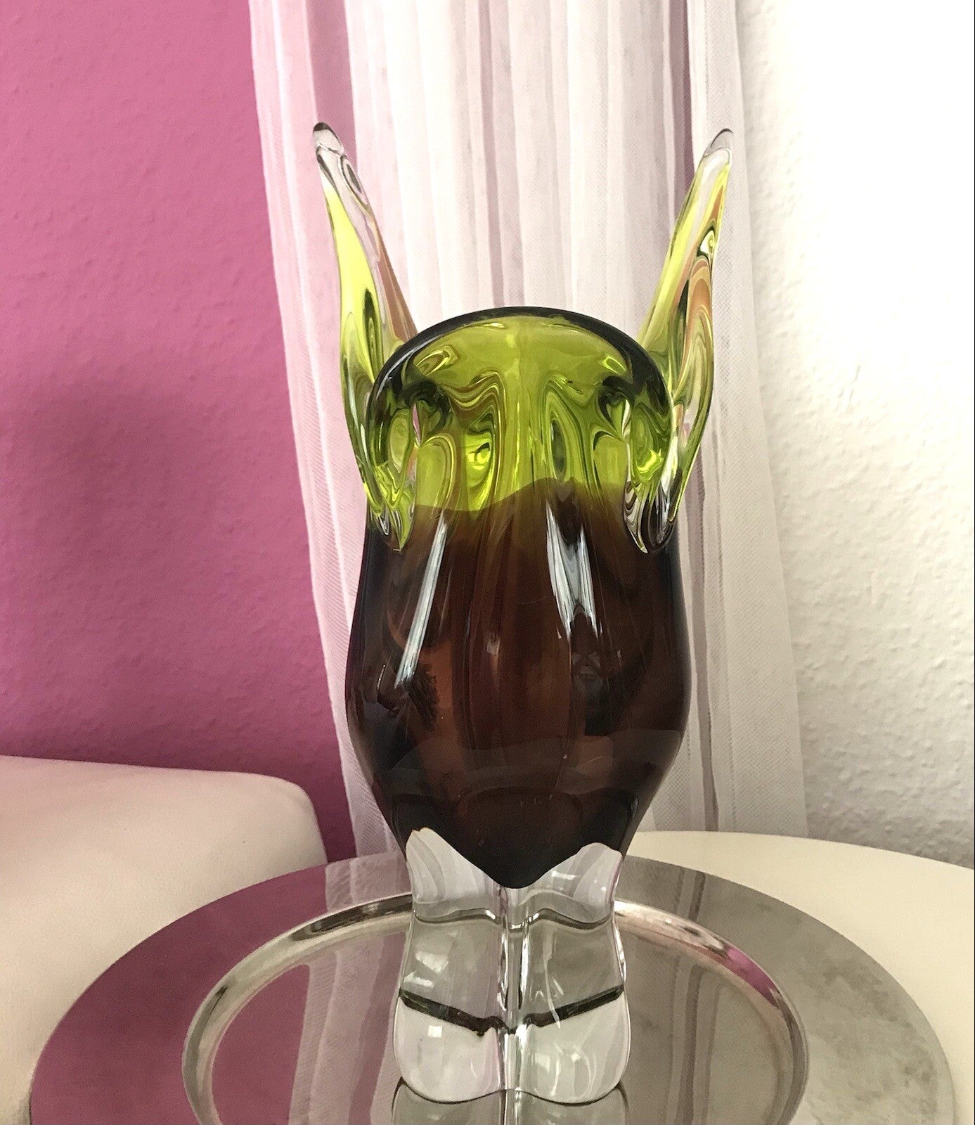 Vintage große Glasvase Vase Chribska 60er Jahre Glas Hospodka grün aubergine