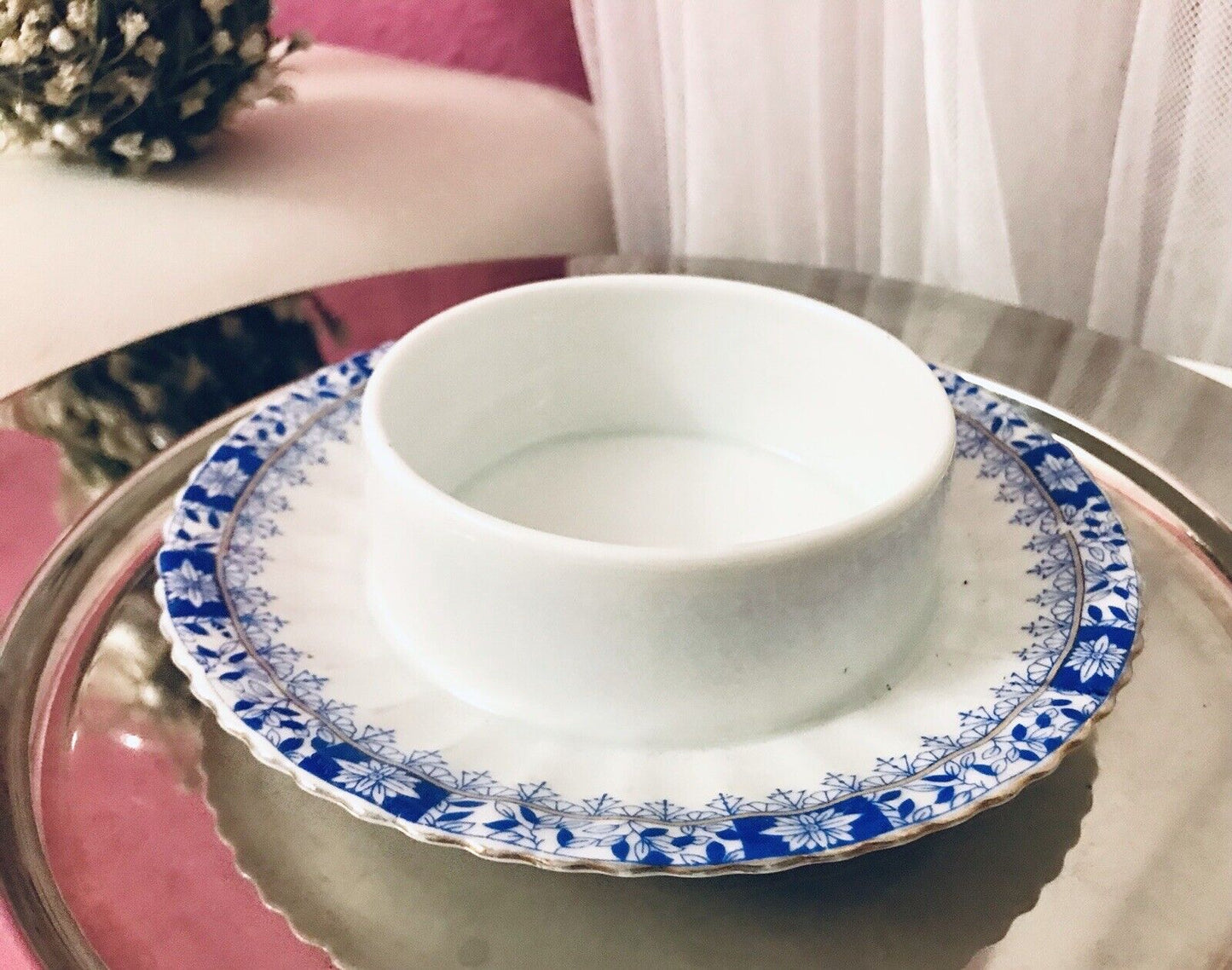 Antik Art Déco Porzellan Butterdose Dose China Blau