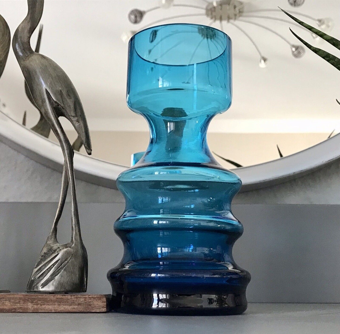 Vintage MCM 60er 70er Jahre blau Glas Kerzenständer Vase Blumenvase Glasvase