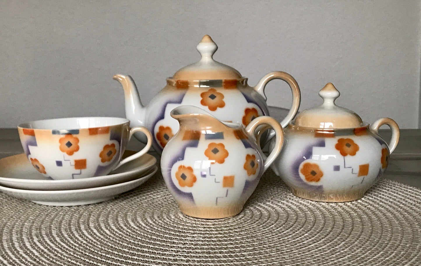 Antik Art Déco Porzellan Kaffeeservice Spritzdekor Moccaservice