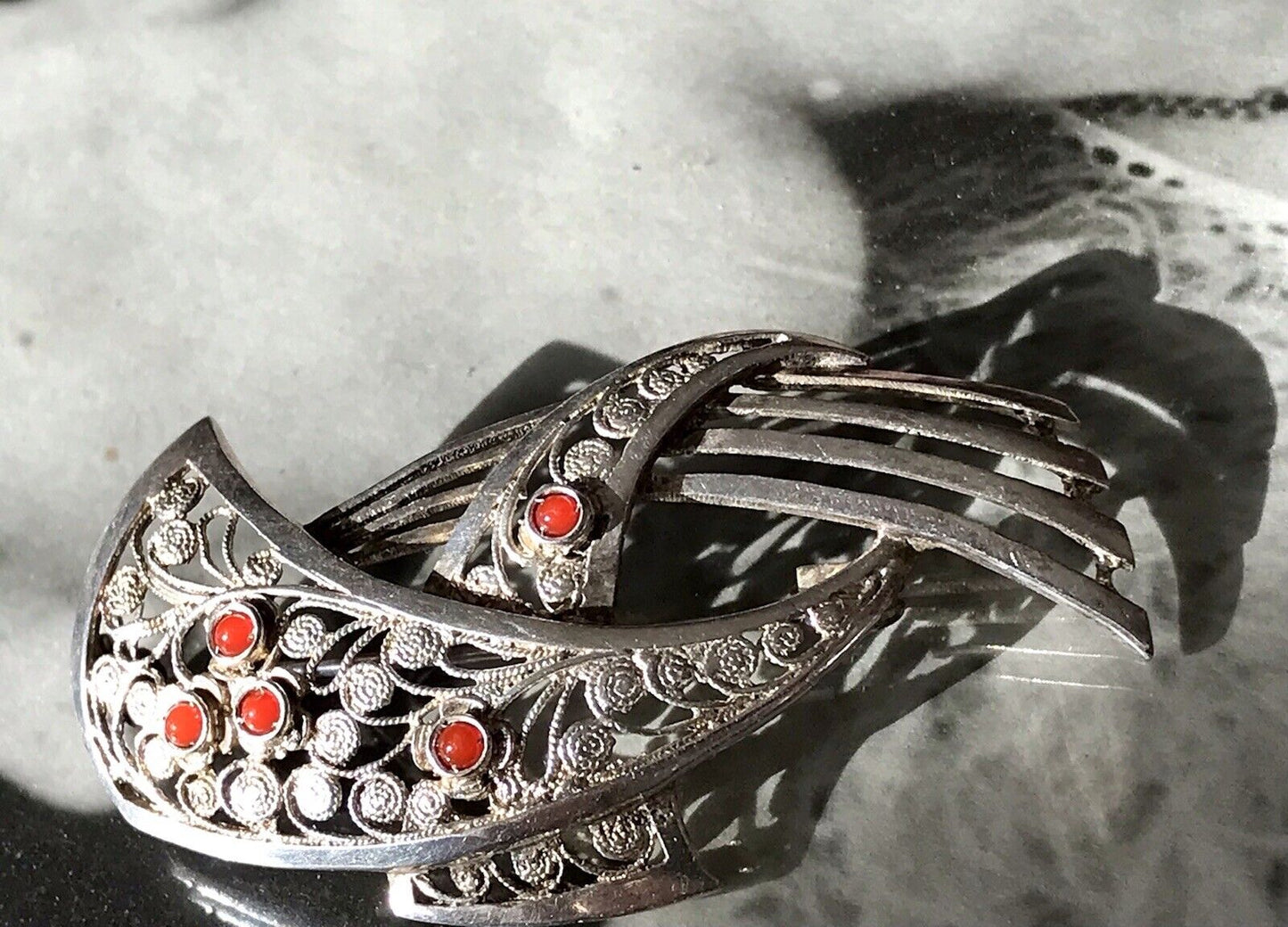 Antik Art Déco Edel prachtvoll filigran Brosche Silber 835 H Koralle