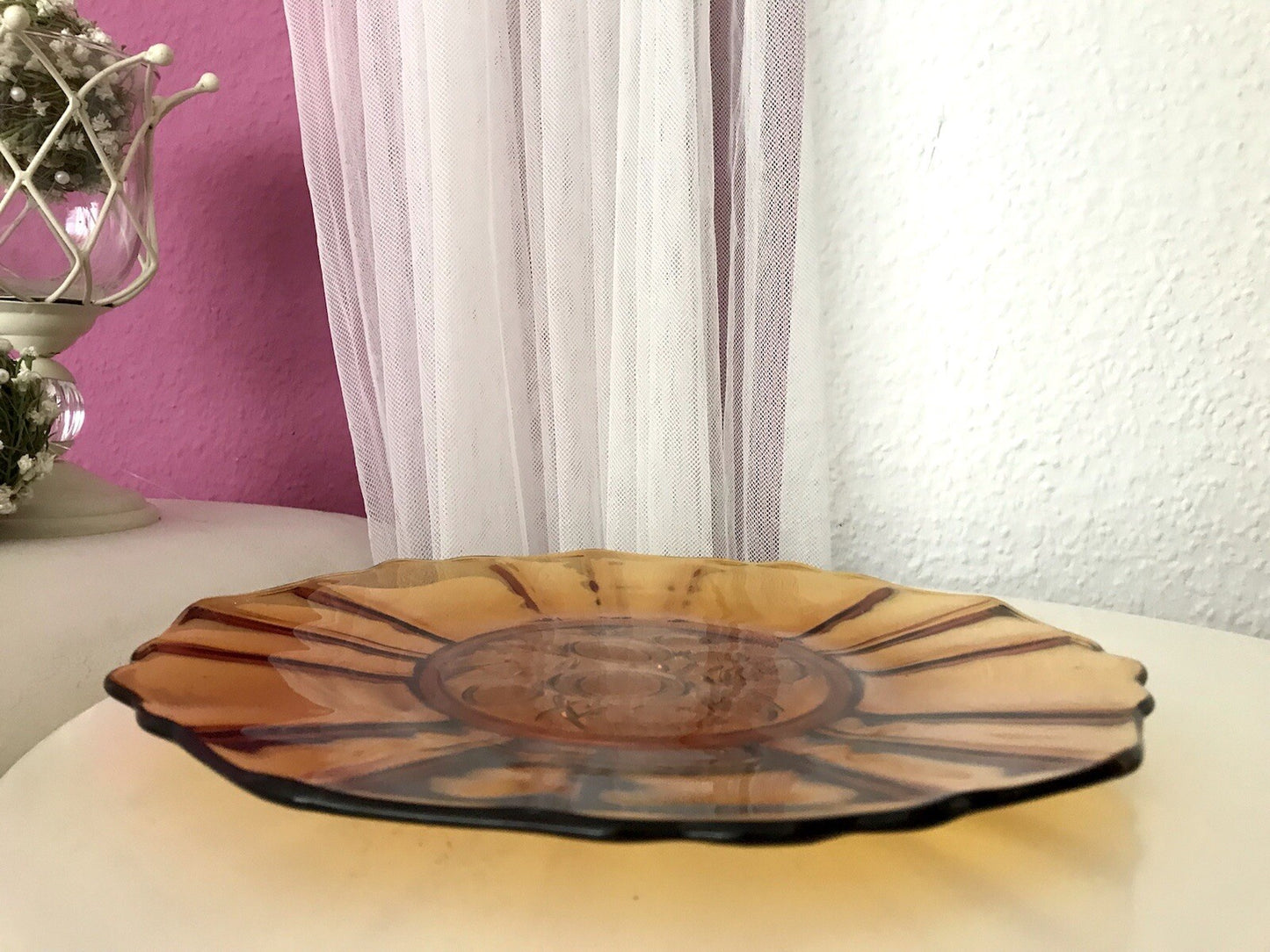Antik Tortenplatte Kuchenplatte Glas Bernstein gelb Art Déco Pressglas Obstmotiv