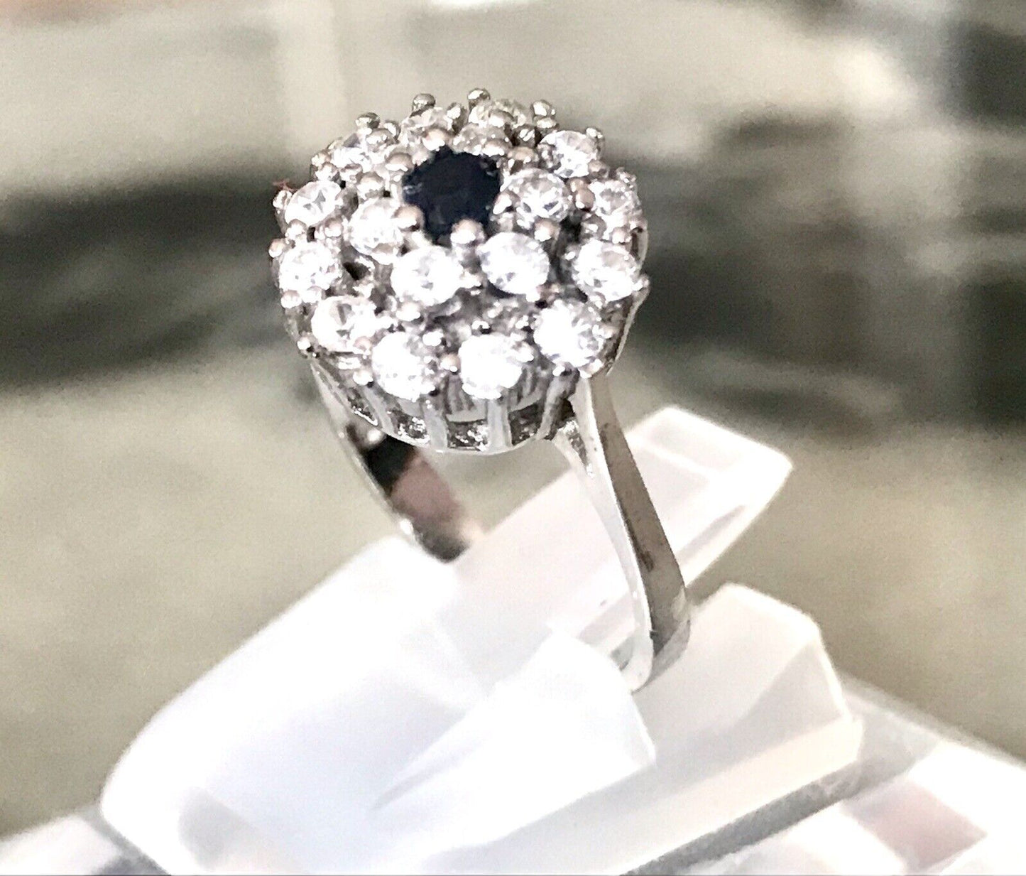 Vintage Entourage Halo Ring farblose Steine & Saphir Silber 925 ~Gr.54
