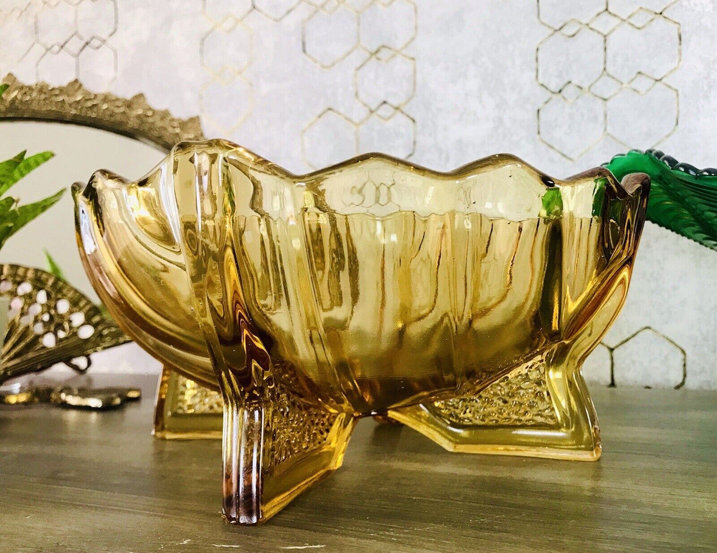 Antik Art Déco gelb Pressglas Jardiniere Schale Glas RAR markant